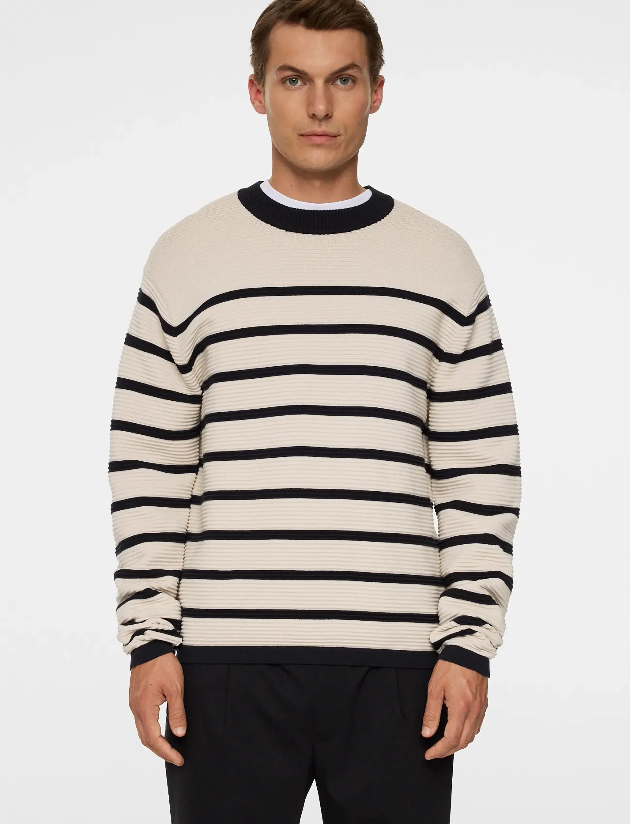 J. Lindeberg Sawyer Stripe Crew Neck - Skandinavisk - MOONBEAM / cream