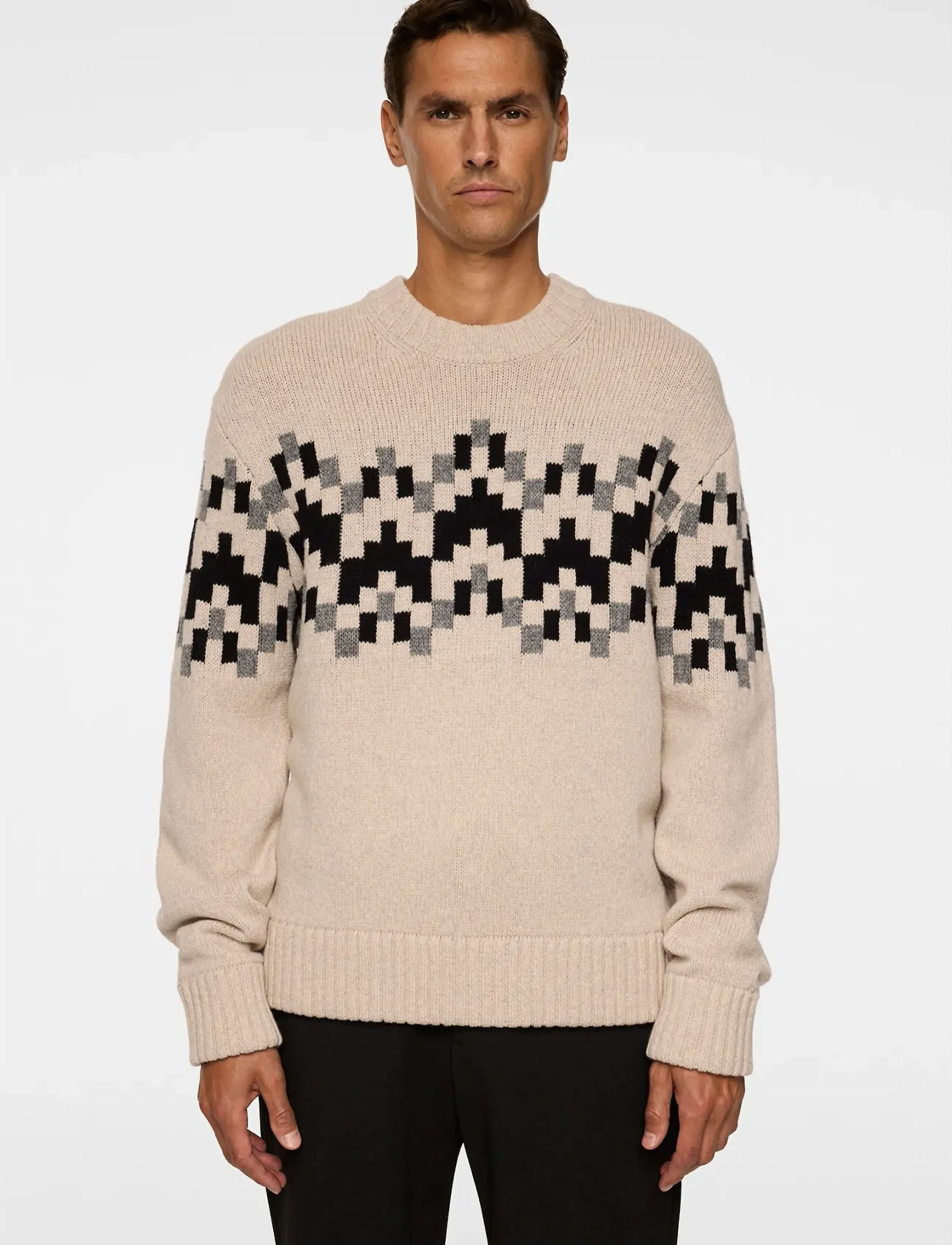 J. Lindeberg Faris Fair Isle Knit Sweater, L, Beige, Strik > Runde Halse, Herre