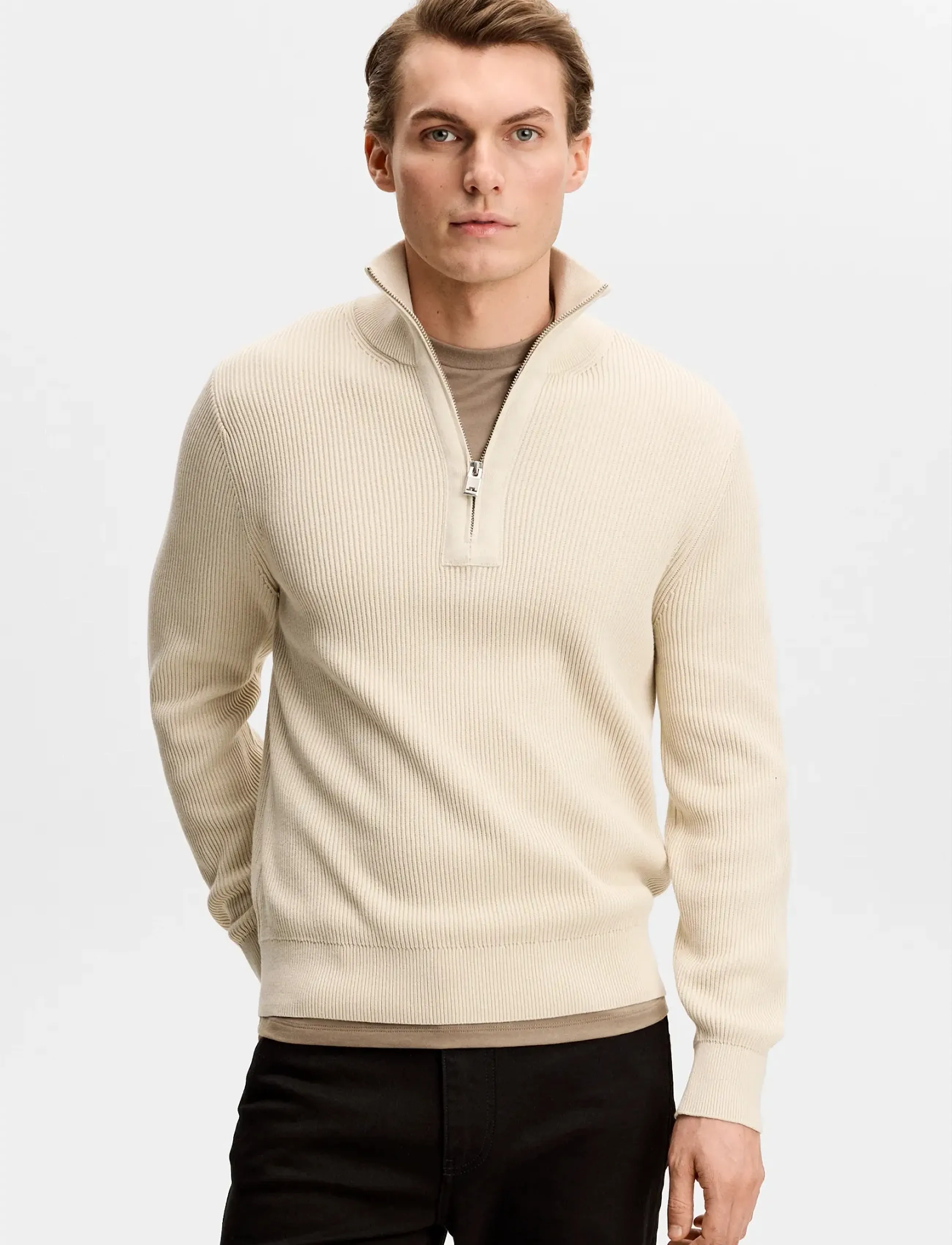 J. Lindeberg Alex Half Zip Knitted Sweater, XXL, Knitwear, Beige - Jumpers, Männerswear