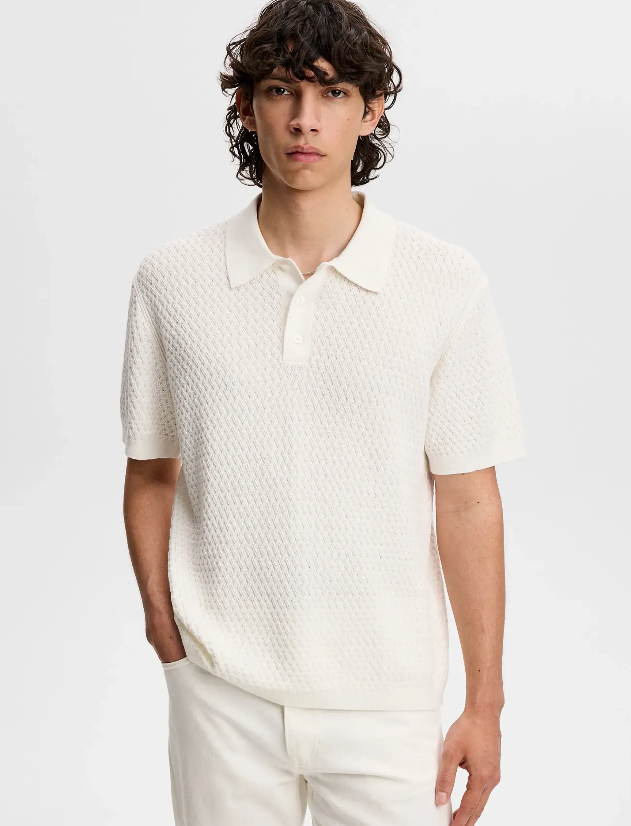 J. Lindeberg Jacques Structure Knit Polo, M, Cream, Strik > Kortærmede Strikkede Poloer, Herre