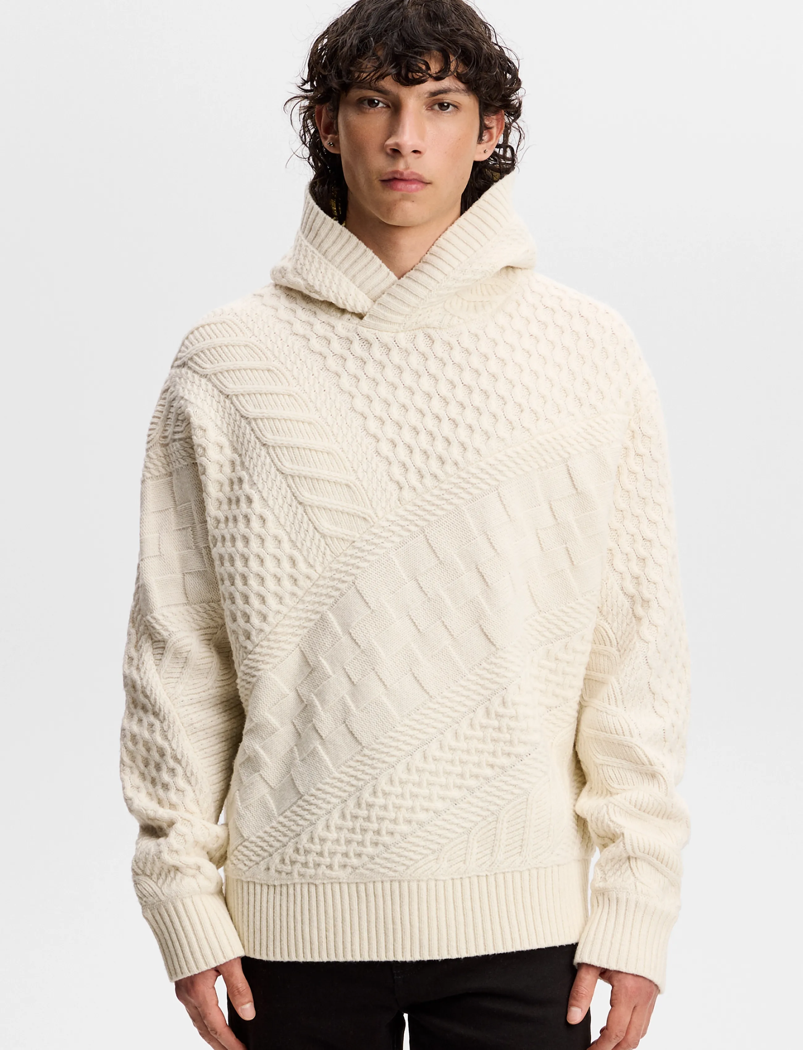 J. Lindeberg Savio Cable Knit Hoodie, Mænd, Kabelstrik Hættetrøje, Cream, Str: M