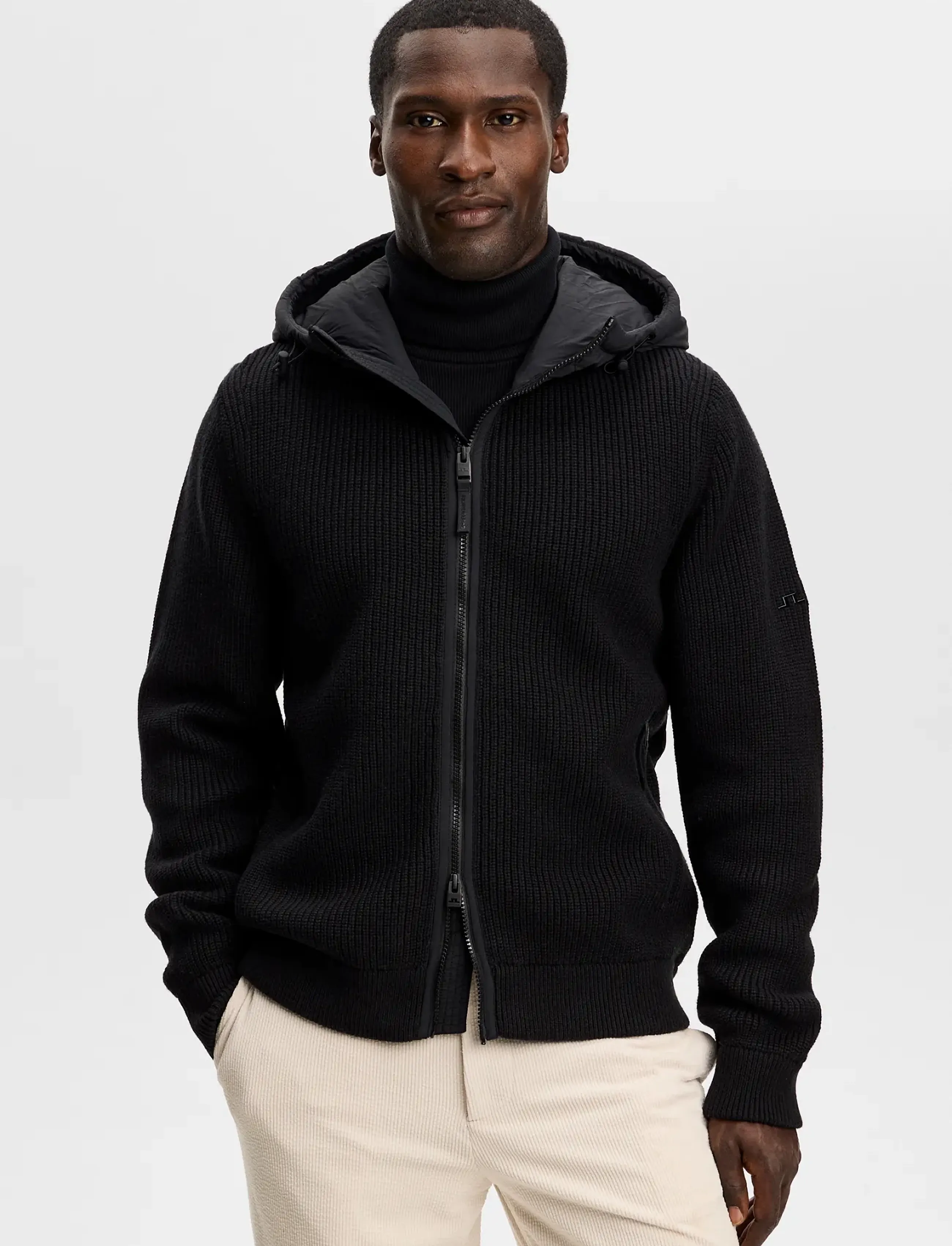 J. Lindeberg Dorin Knit Hood Hybrid Jacket, Herren, Strick Hybrid Kapuzenjacke, Schwarz, Gr.L