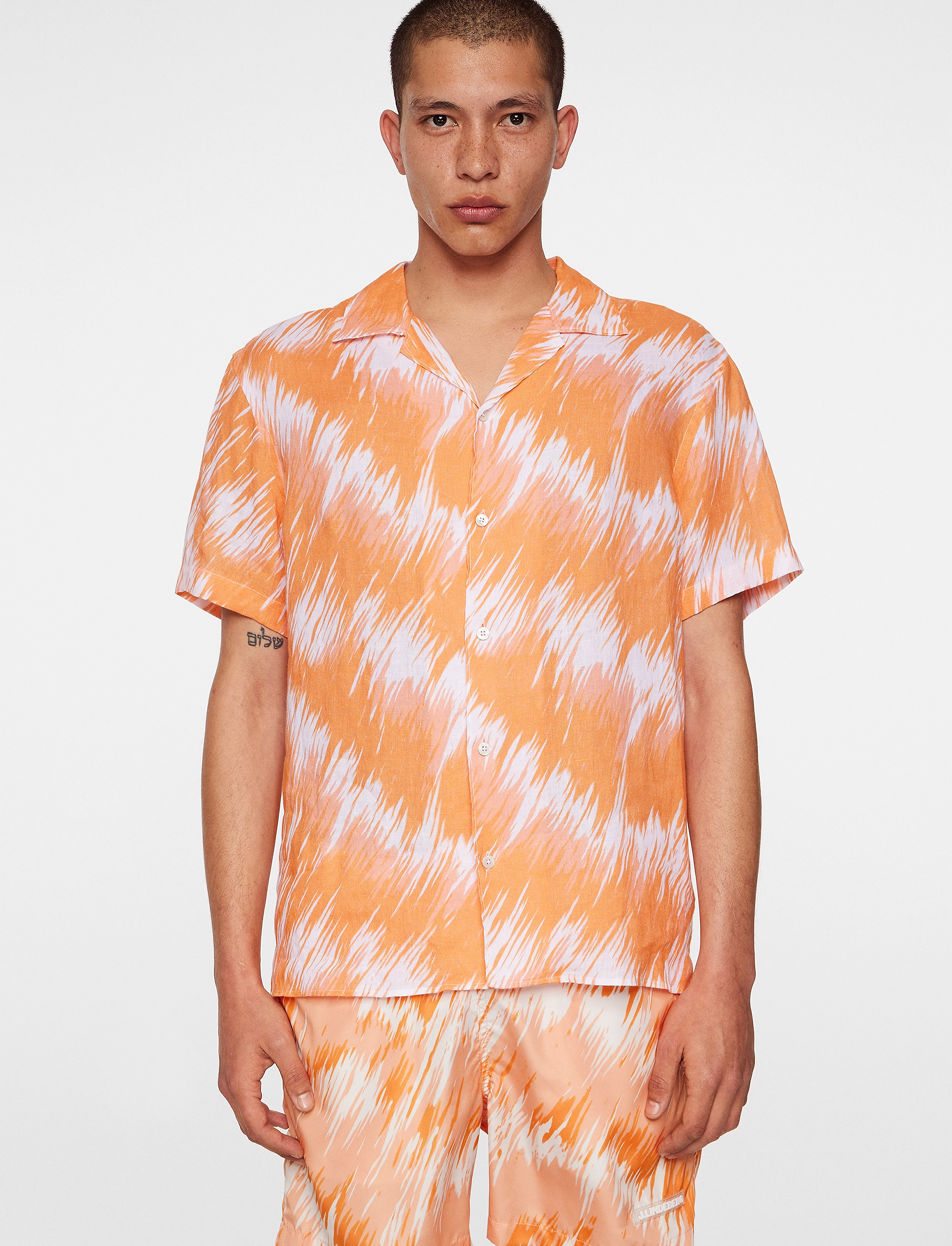 J. Lindeberg Elio Linen Printed Shirt, L, Shirts, Orange - Short-sleeved Männerswear