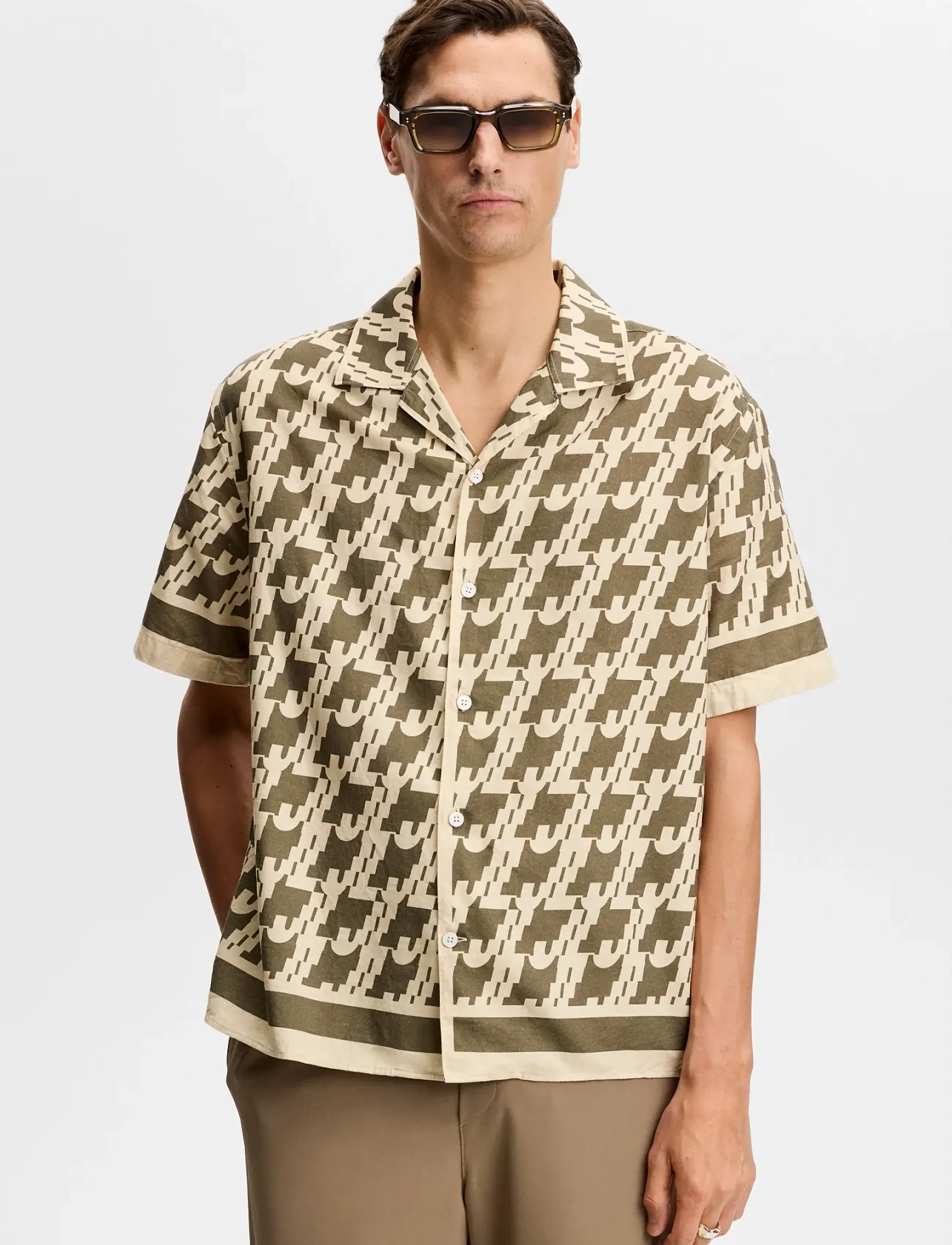 J. Lindeberg Ellis Border Resort Shirt, L, Shirts, Khakigrün - Short-sleeved Männerswear
