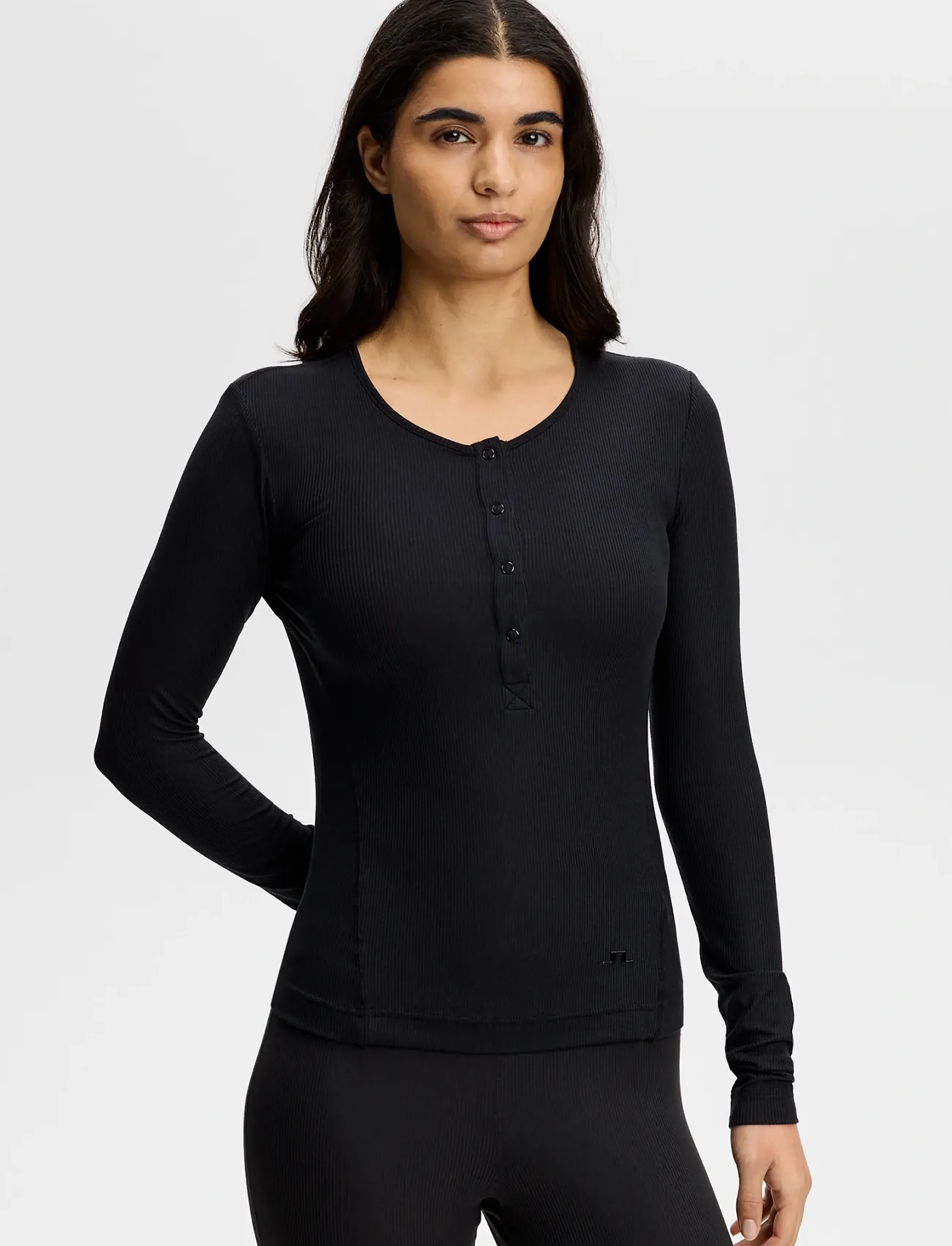 J. Lindeberg Sanna Rib Henley Ls, L, Black, T-Shirts & Toppe > Langærmede, Dame