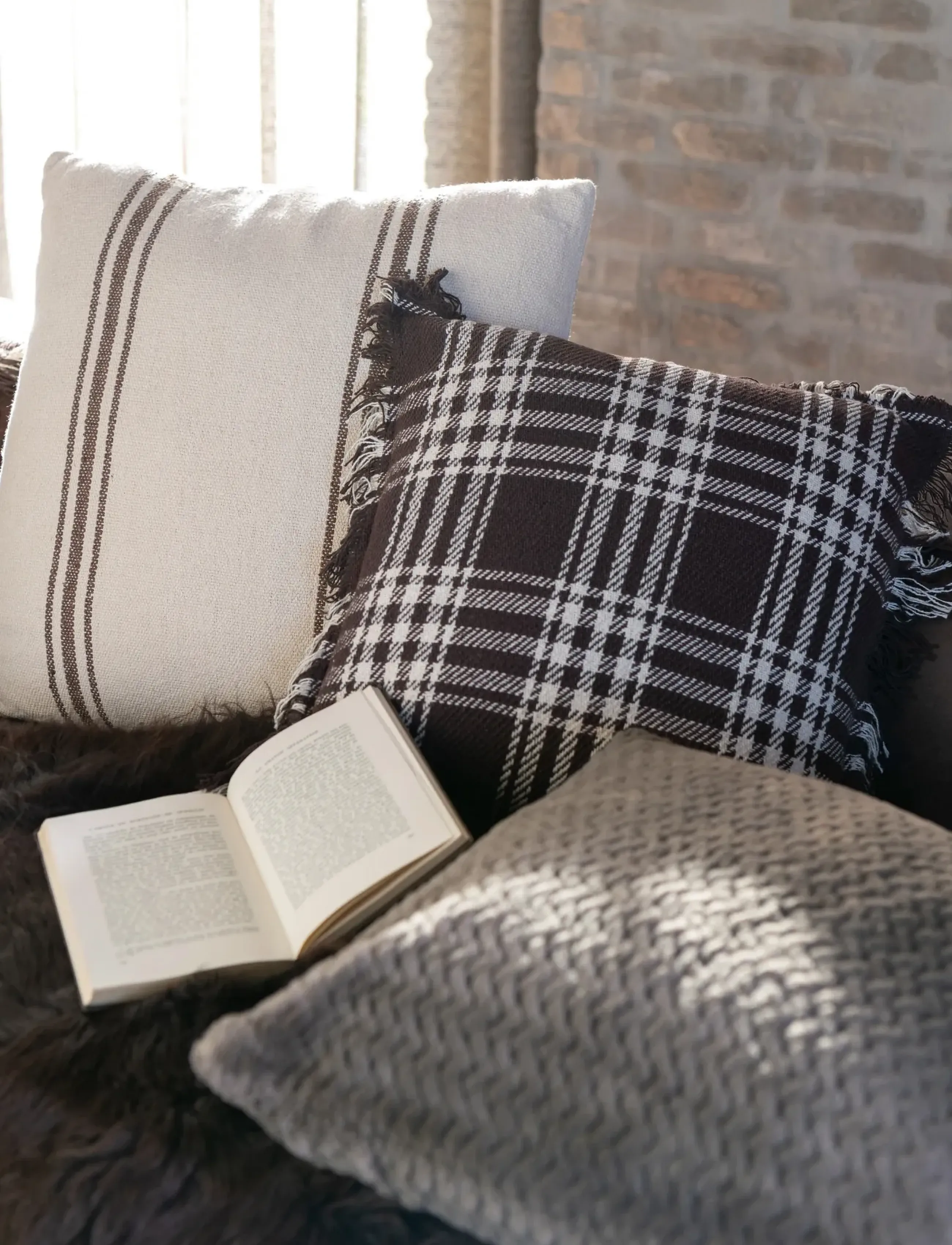 J-Line - S/2 CUSHION REC COTT WH/BR - cushions - brown - 2