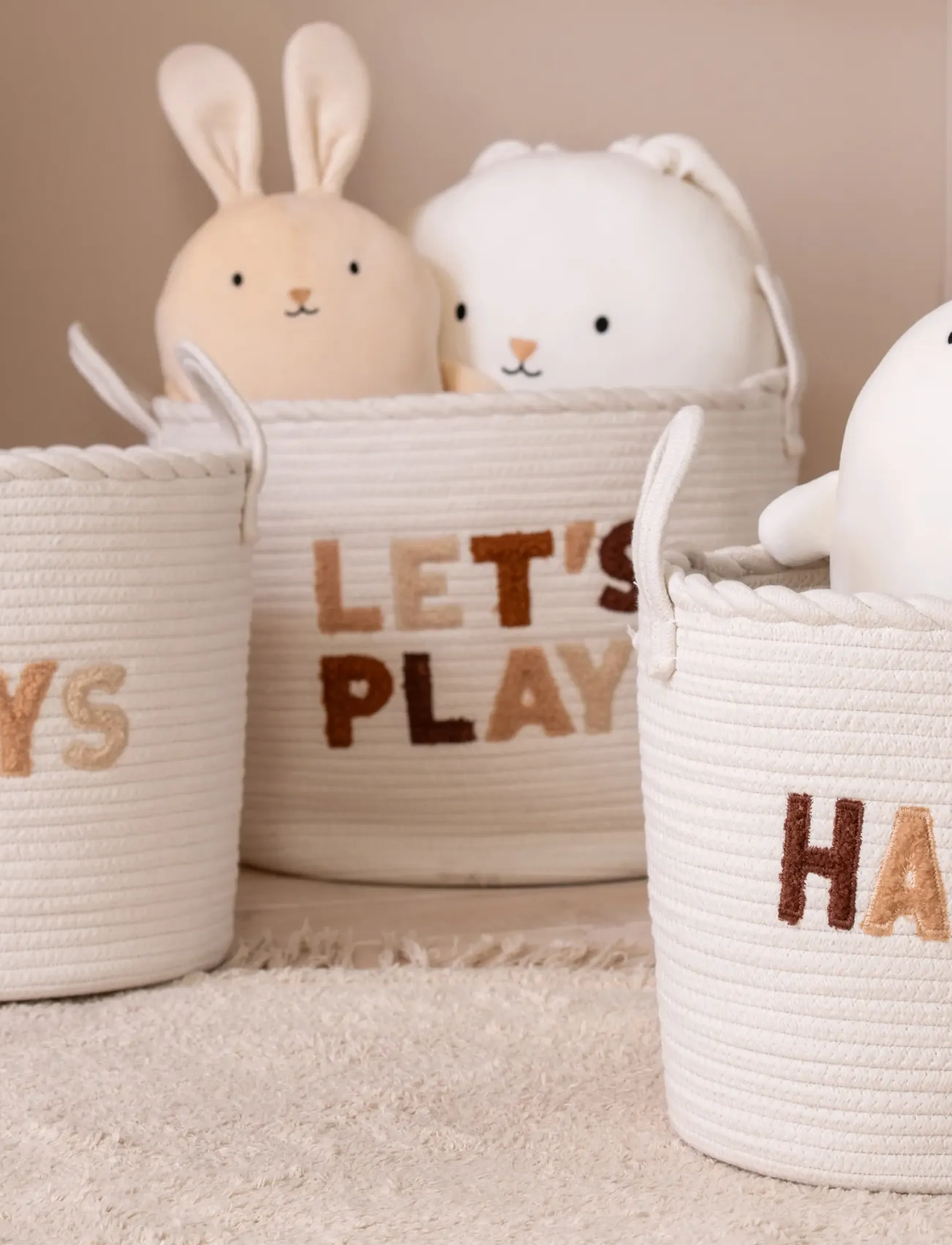 J-Line Set Of 3 Basket Kids Cotton White/Brown, One Size, Storage, Creme - Storage Baskets, Kinder