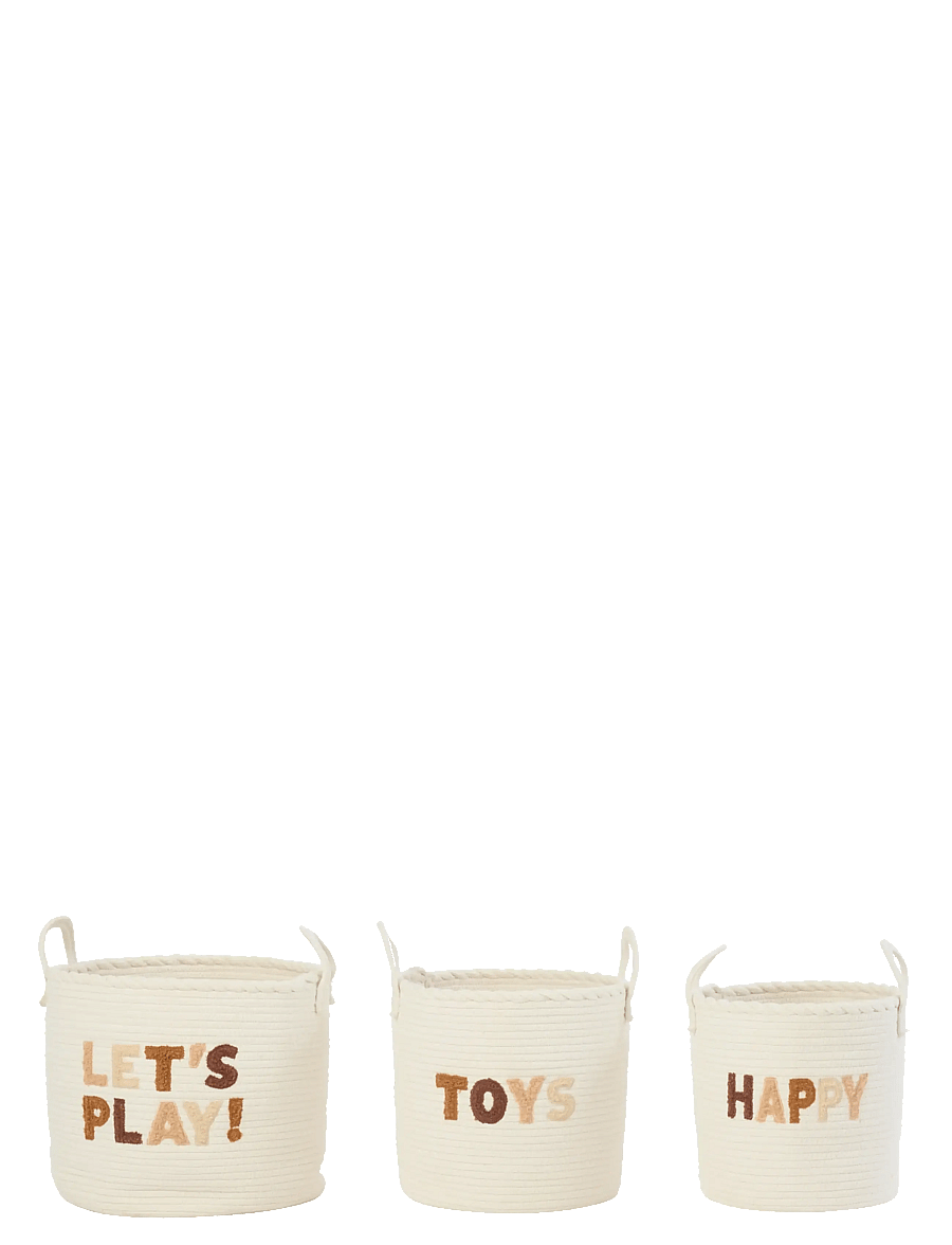 J-Line - SET OF 3 BASKET KIDS COTTON WHITE/BROWN - förvaringskorgar - white - 2
