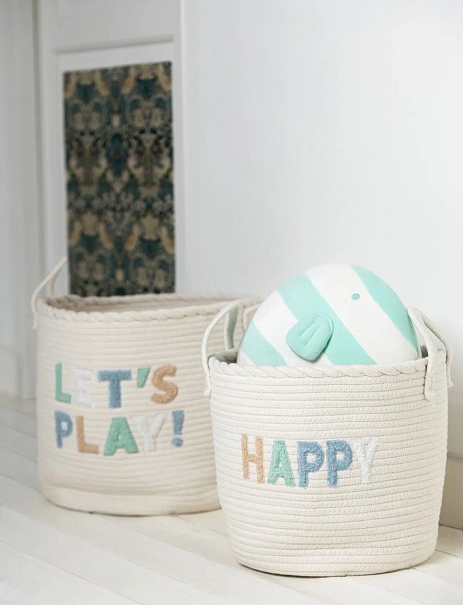 J-Line - SET OF 3 BASKET KIDS COTTON WHITE/LIGHT BLUE - förvaringskorgar - white - 0