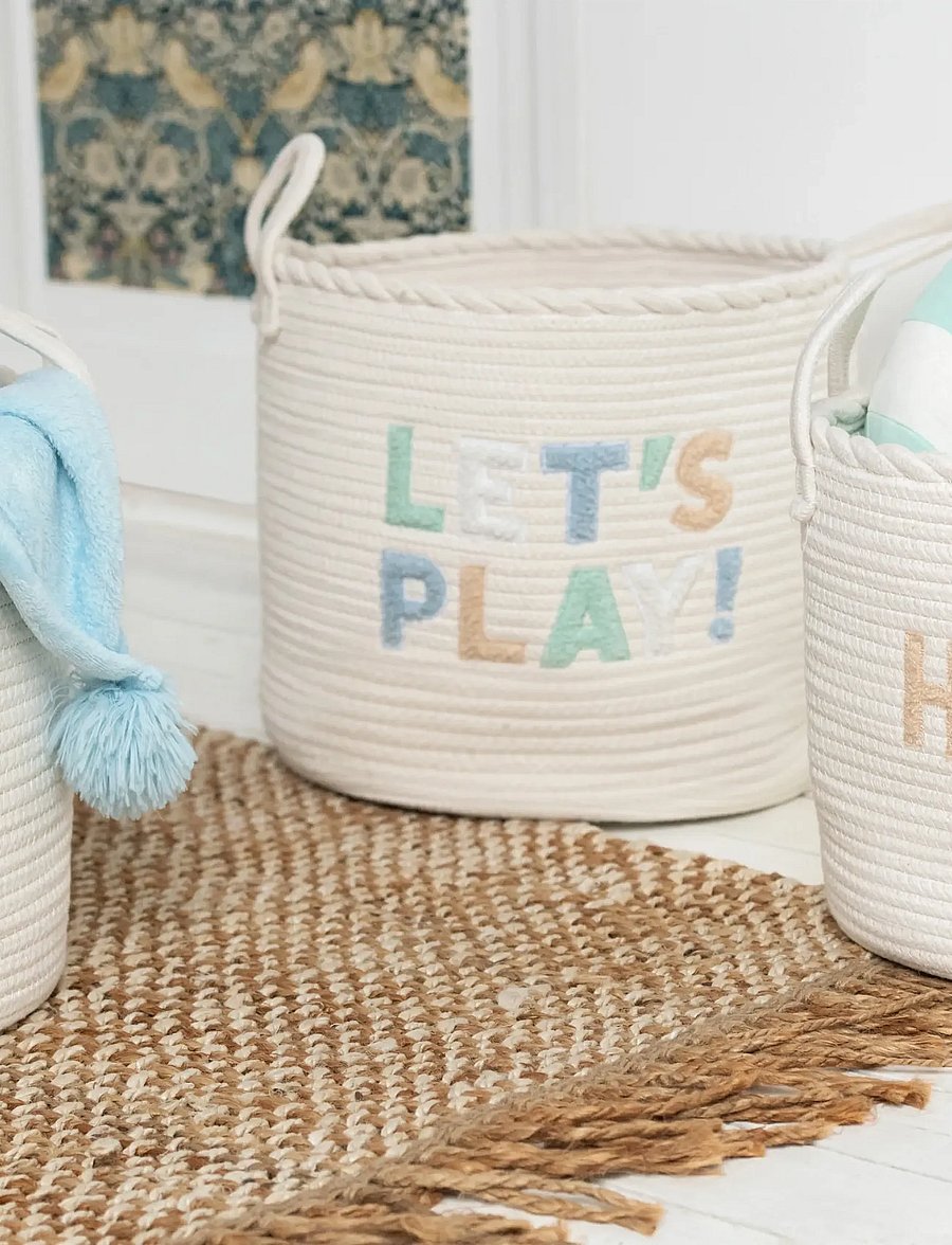 J-Line - SET OF 3 BASKET KIDS COTTON WHITE/LIGHT BLUE - förvaringskorgar - white - 4