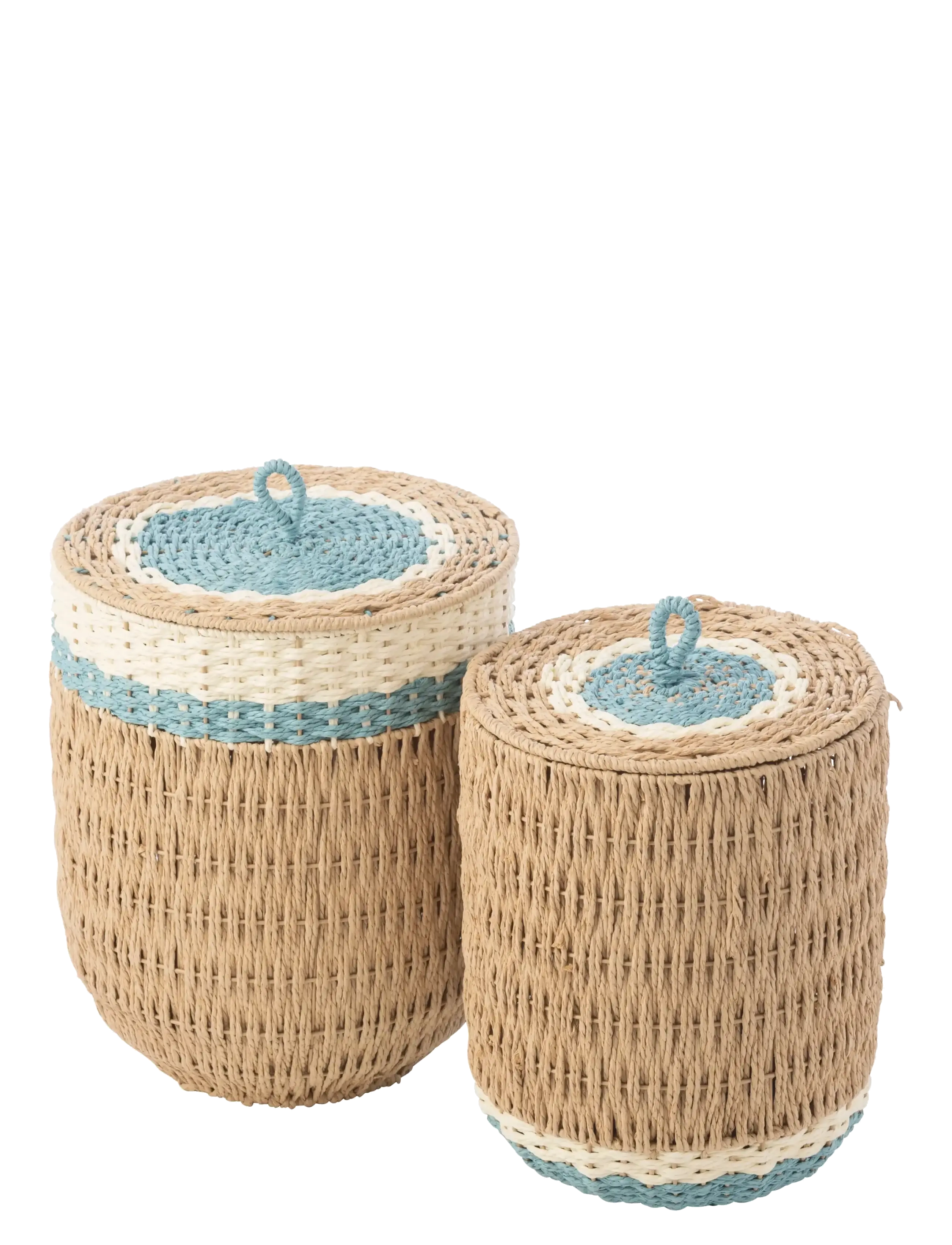 J-Line SET OF 2 BASKET WITH LID STRIPED PAPER NATURAL/LIGHT BLUE - J-Line - NATURE / blue