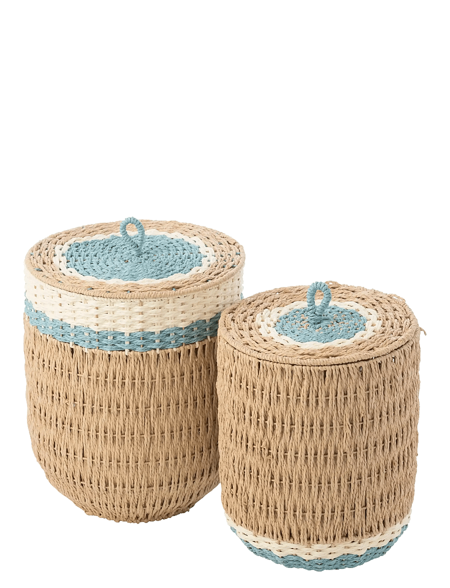 J-Line - SET OF 2 BASKET WITH LID STRIPED PAPER NATURAL/LIGHT BLUE - aufbewahrungskörbe - nature - 1