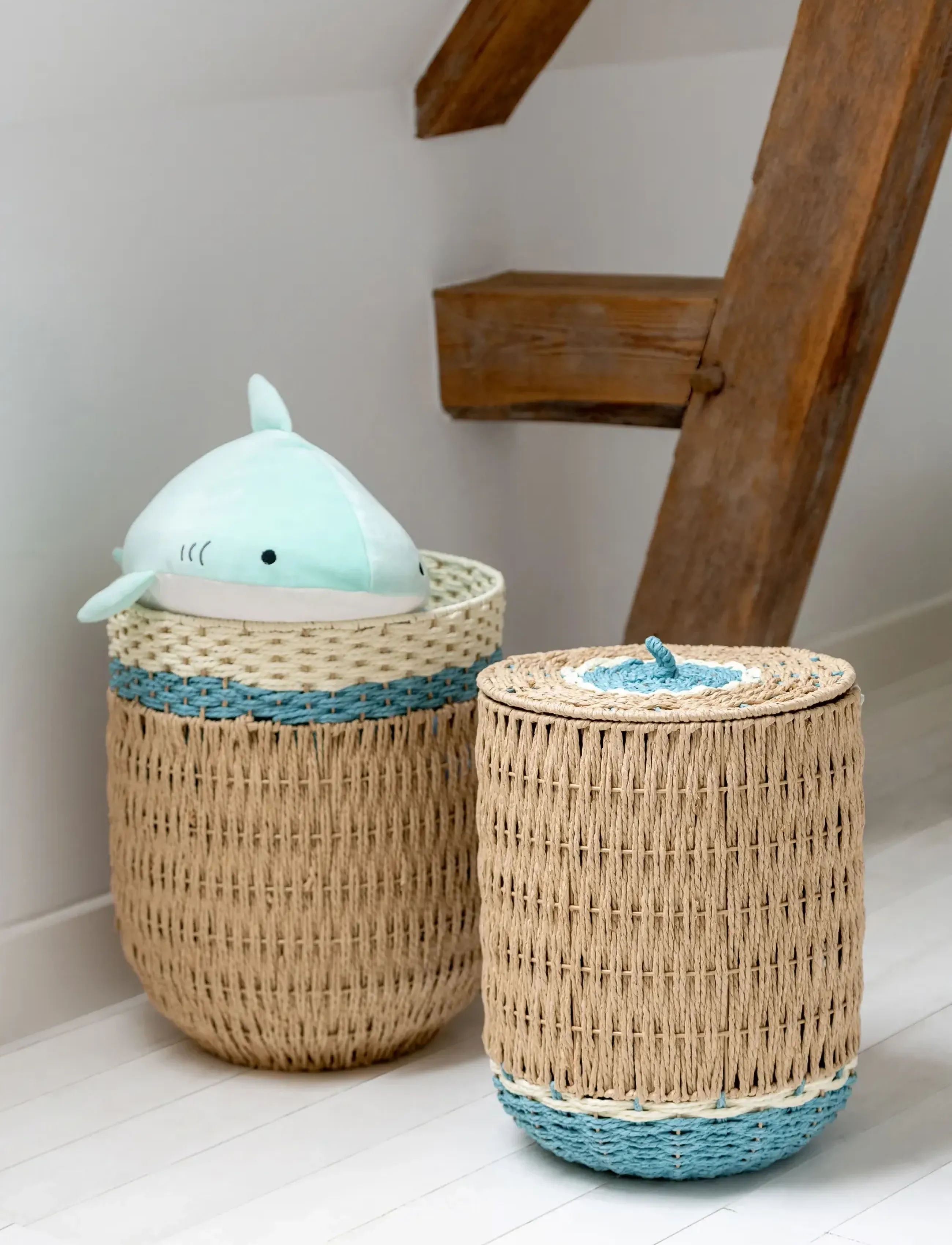 J-Line Set Of 2 Basket With Lid Striped Paper Natural/Light Blue, One Size, Storage, Blau - Storage Baskets, Kinder