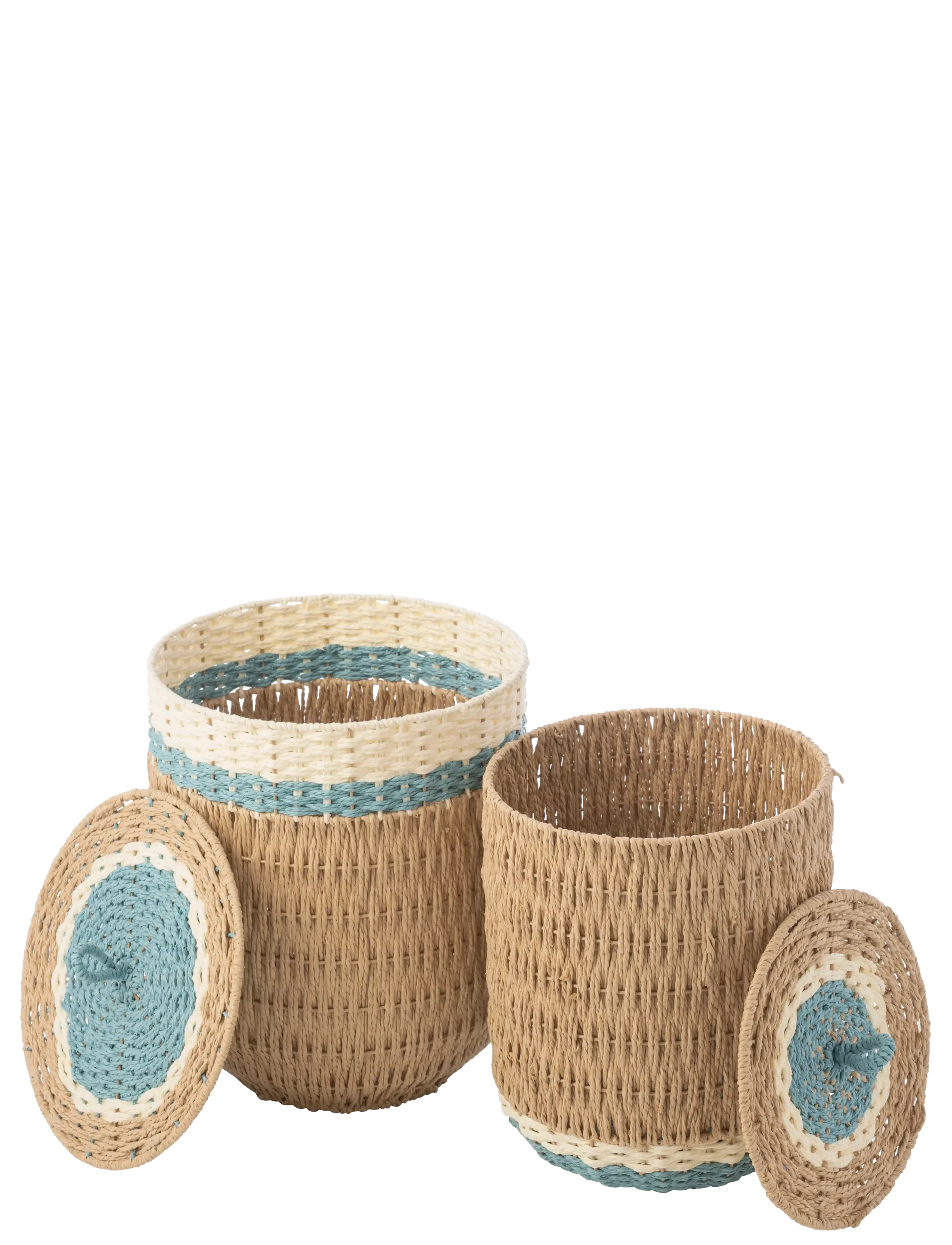 J-Line - SET OF 2 BASKET WITH LID STRIPED PAPER NATURAL/LIGHT BLUE - paniers de rangement - nature - 2