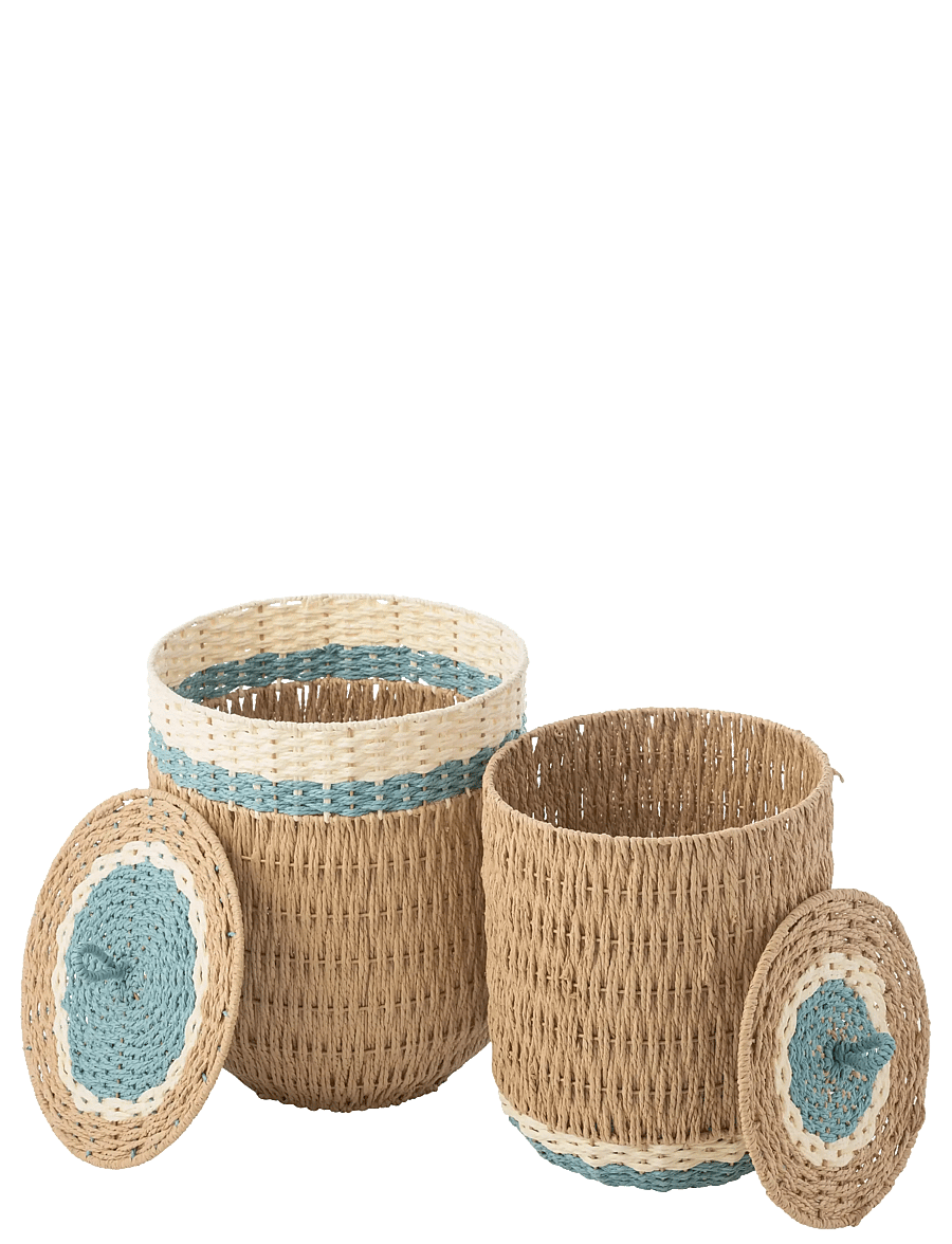 J-Line - SET OF 2 BASKET WITH LID STRIPED PAPER NATURAL/LIGHT BLUE - aufbewahrungskörbe - nature - 2