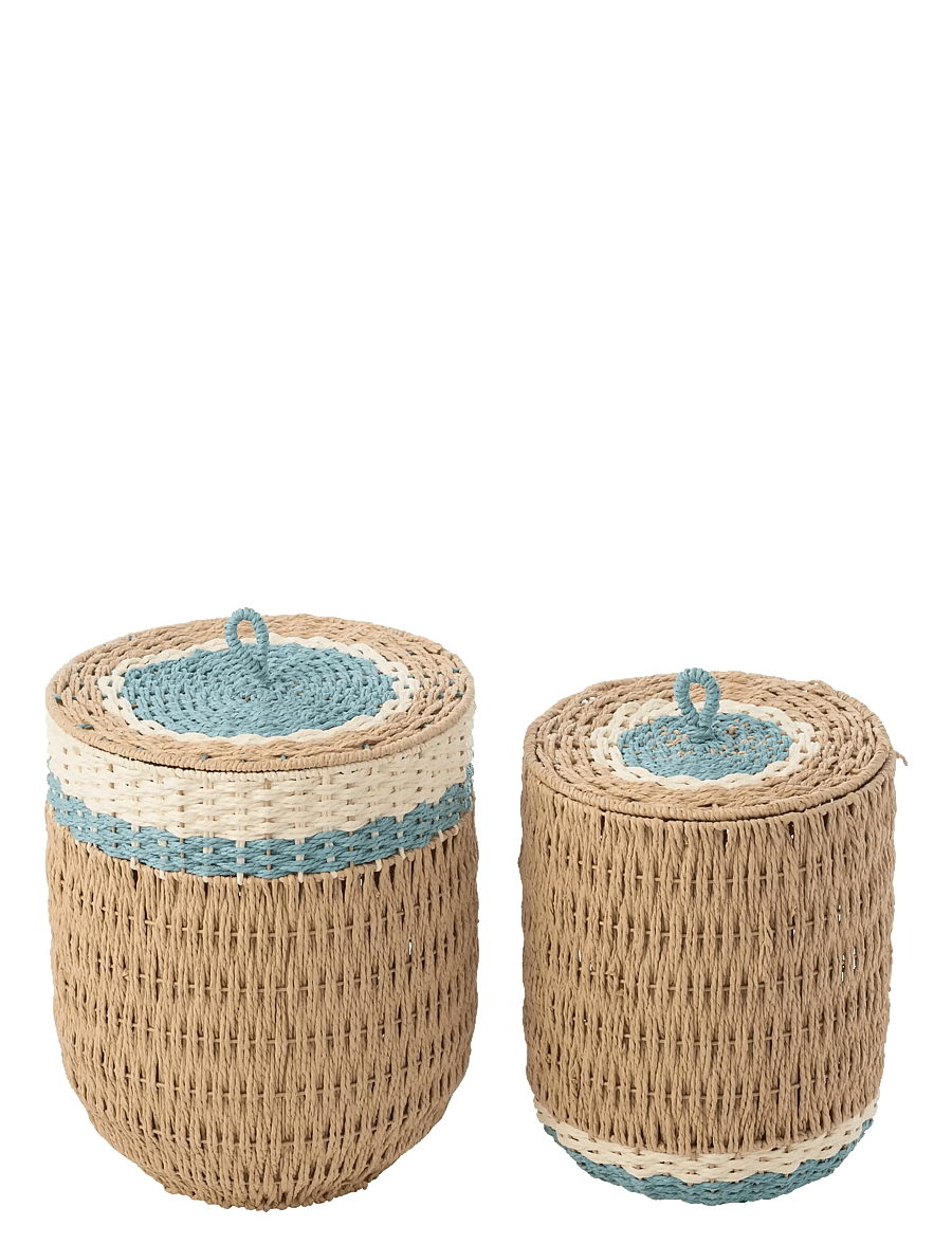J-Line - SET OF 2 BASKET WITH LID STRIPED PAPER NATURAL/LIGHT BLUE - aufbewahrungskörbe - nature - 3