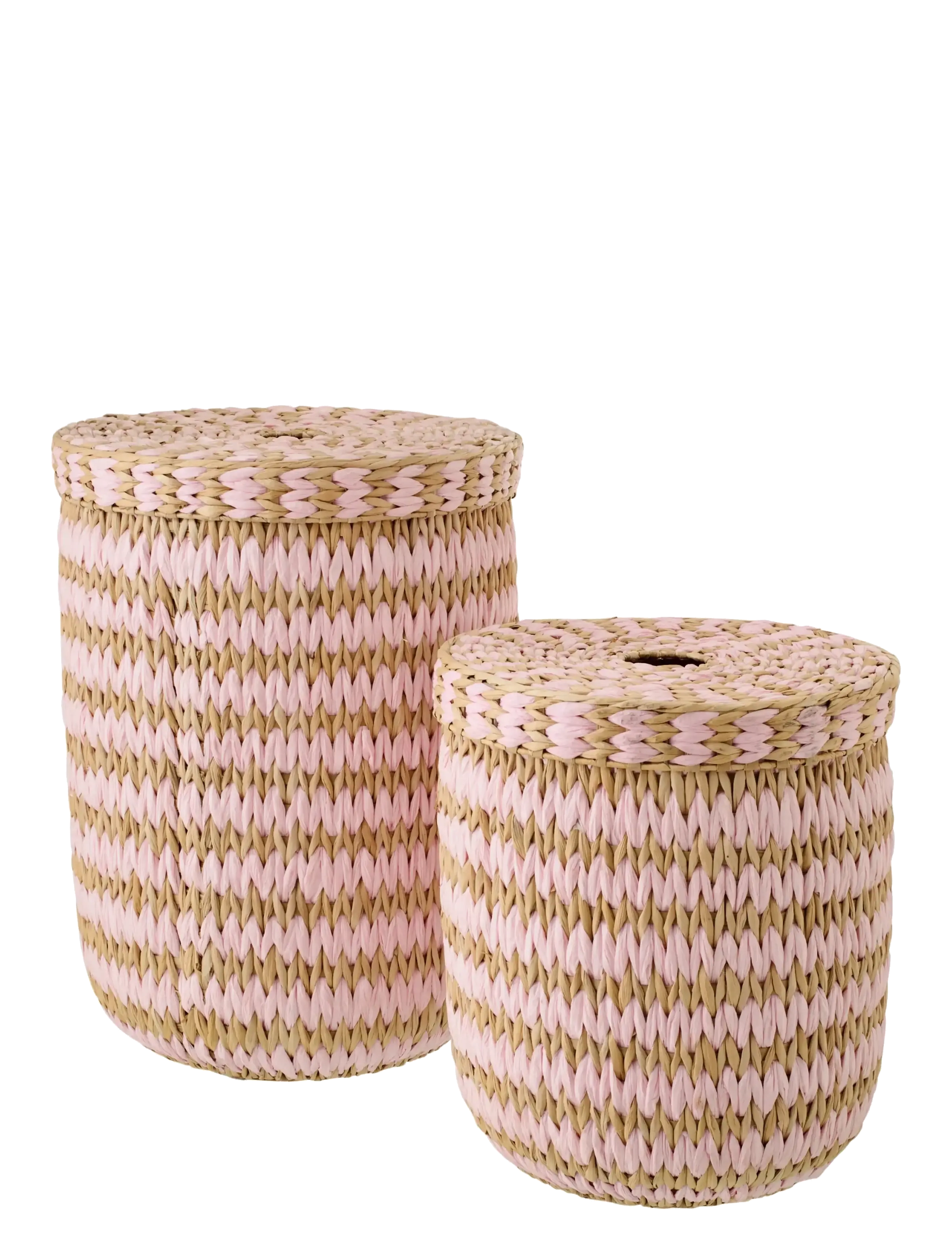 J-Line Set Of 2 Basket With Lid Striped Rush Natural/Light Pink, One Size, Storage, Rosa - Storage Baskets, Kinder