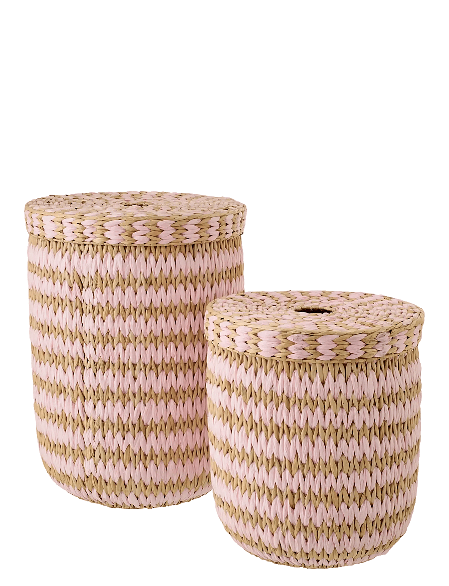 J-Line - SET OF 2 BASKET WITH LID STRIPED RUSH NATURAL/LIGHT PINK - förvaringskorgar - pink - 0