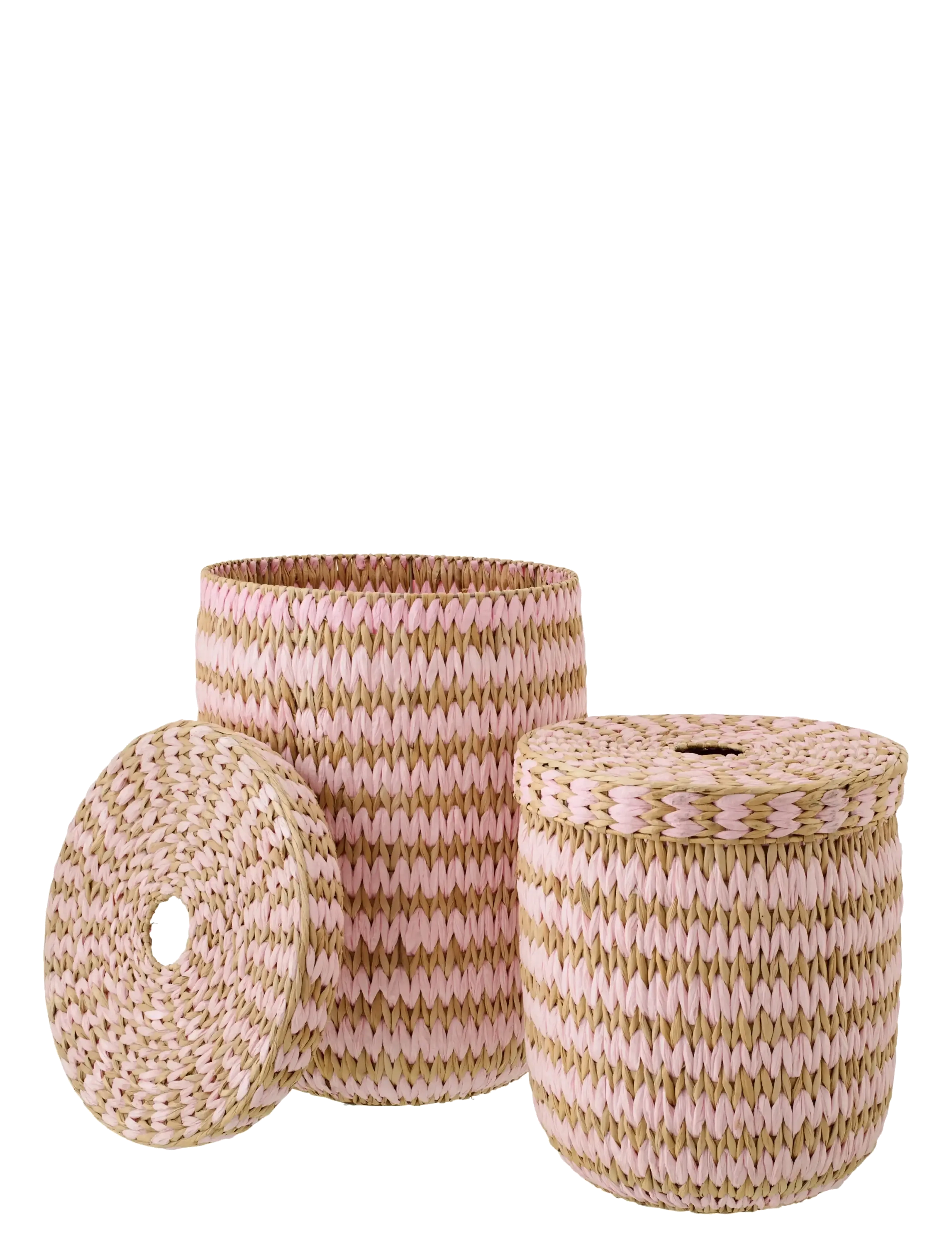 J-Line - SET OF 2 BASKET WITH LID STRIPED RUSH NATURAL/LIGHT PINK - paniers de rangement - pink - 1