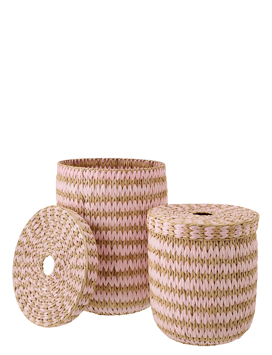 J-Line - SET OF 2 BASKET WITH LID STRIPED RUSH NATURAL/LIGHT PINK - förvaringskorgar - pink - 1