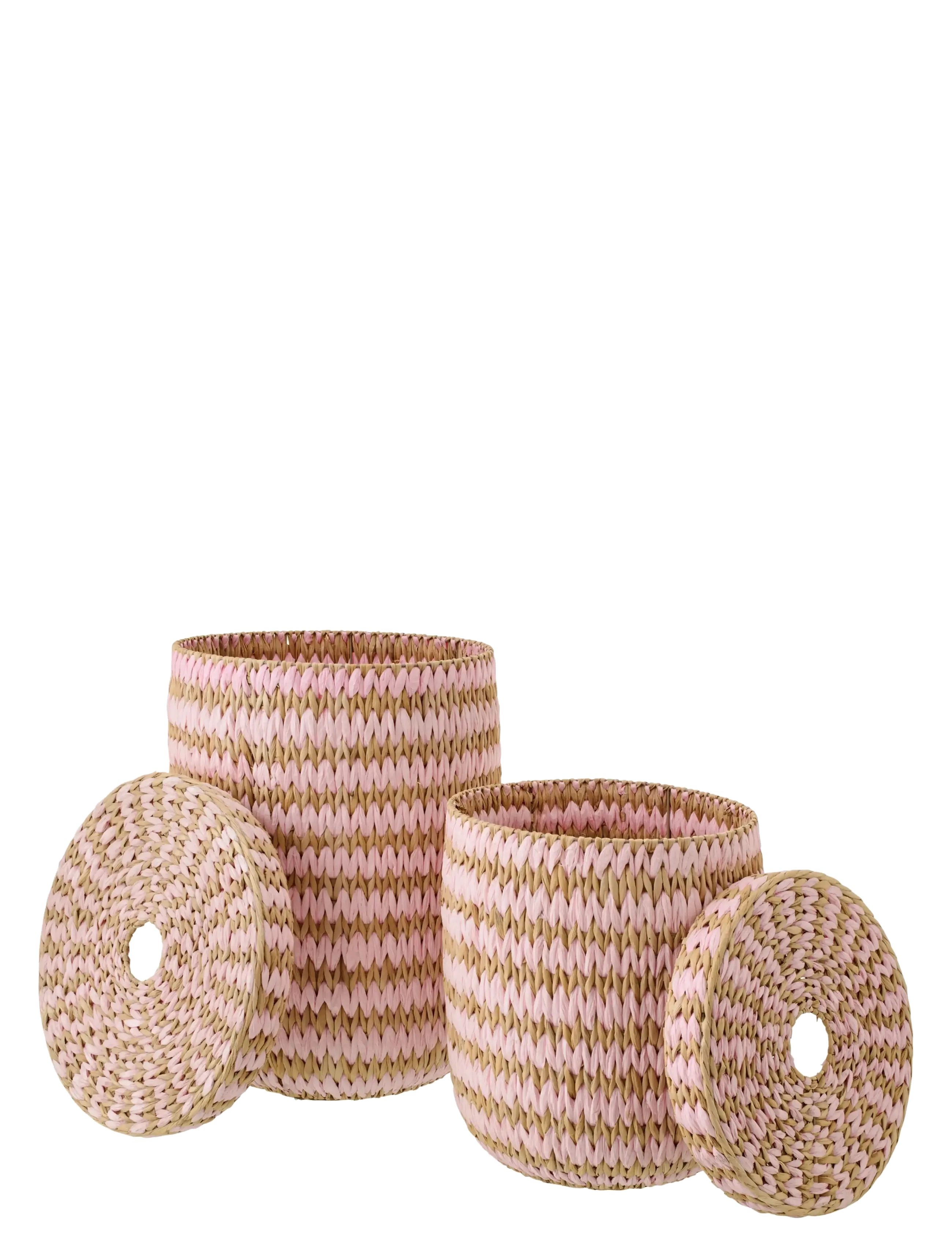 J-Line - SET OF 2 BASKET WITH LID STRIPED RUSH NATURAL/LIGHT PINK - paniers de rangement - pink - 2