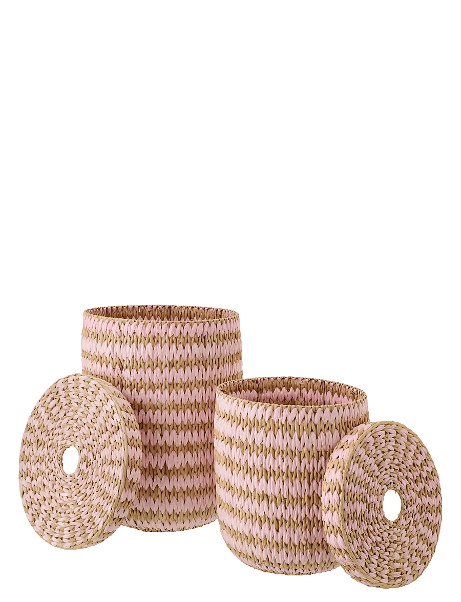 J-Line - SET OF 2 BASKET WITH LID STRIPED RUSH NATURAL/LIGHT PINK - förvaringskorgar - pink - 2