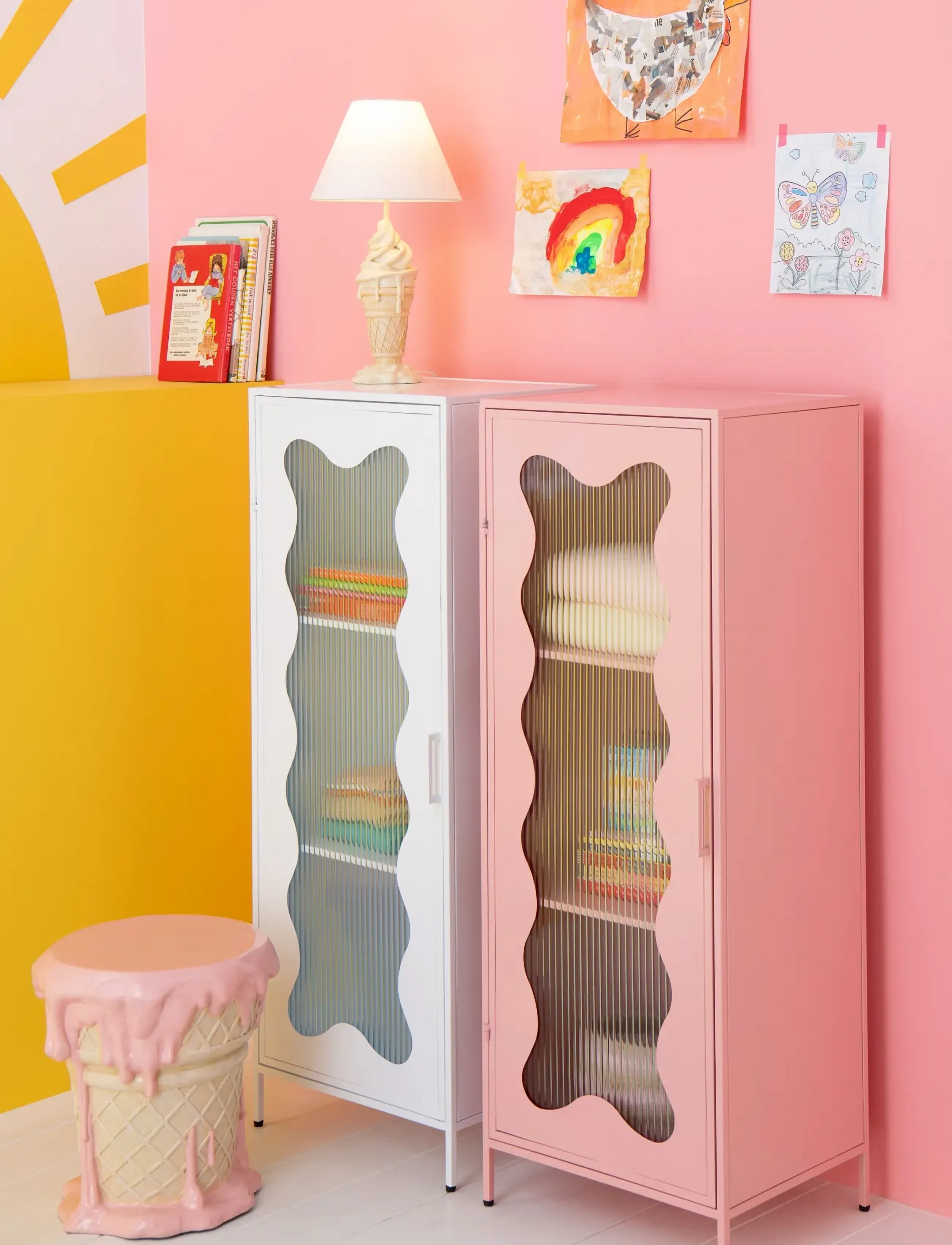 J-Line Cabinet Waves Iron/Glass Light Pink, Cabinet, Pink, Str: ONE SIZE