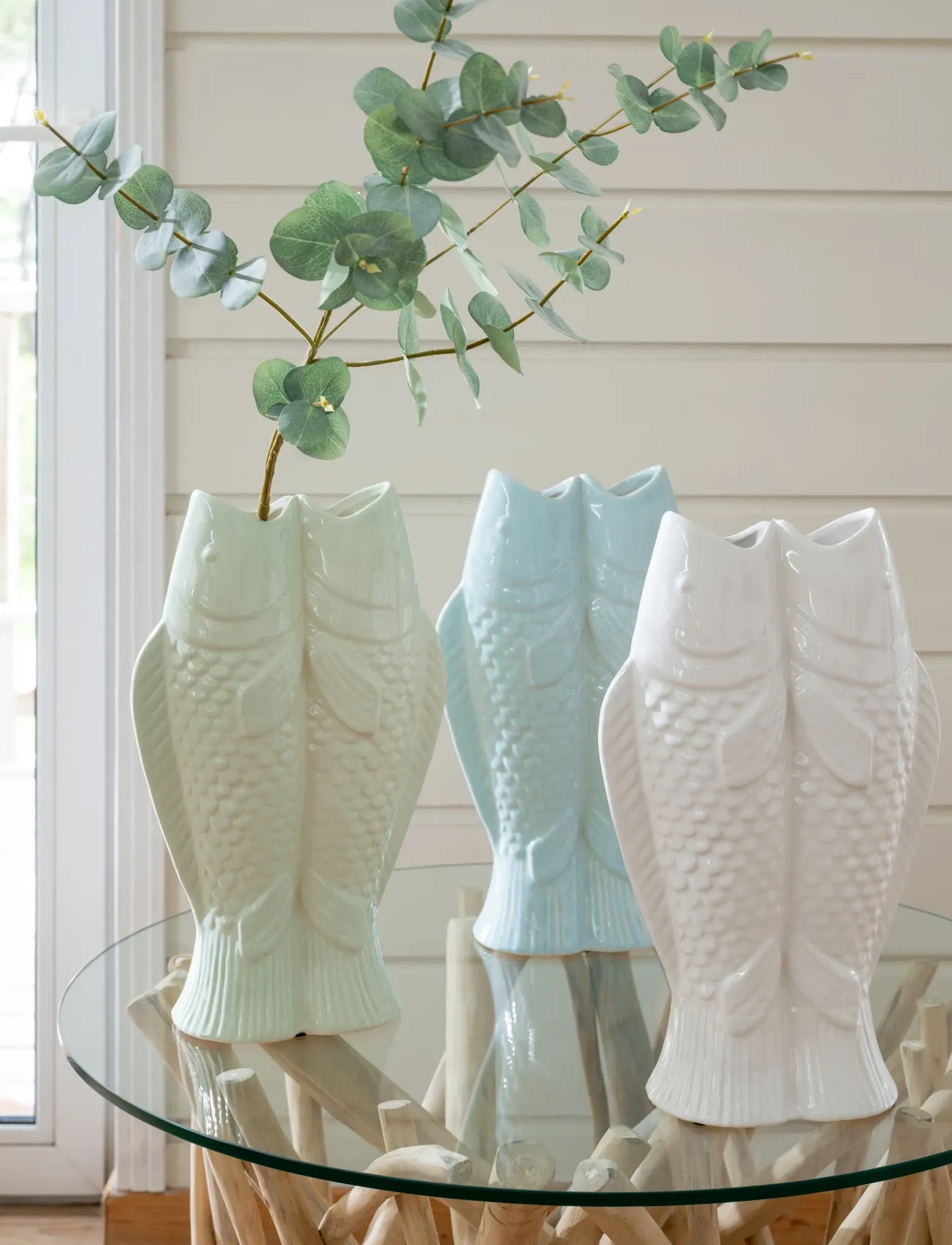 J-Line Vase 2 Fish Stoneware White, H24.5 cm, Decorative Accessories-details, Weiß - Figures & Sculptures, Homeware