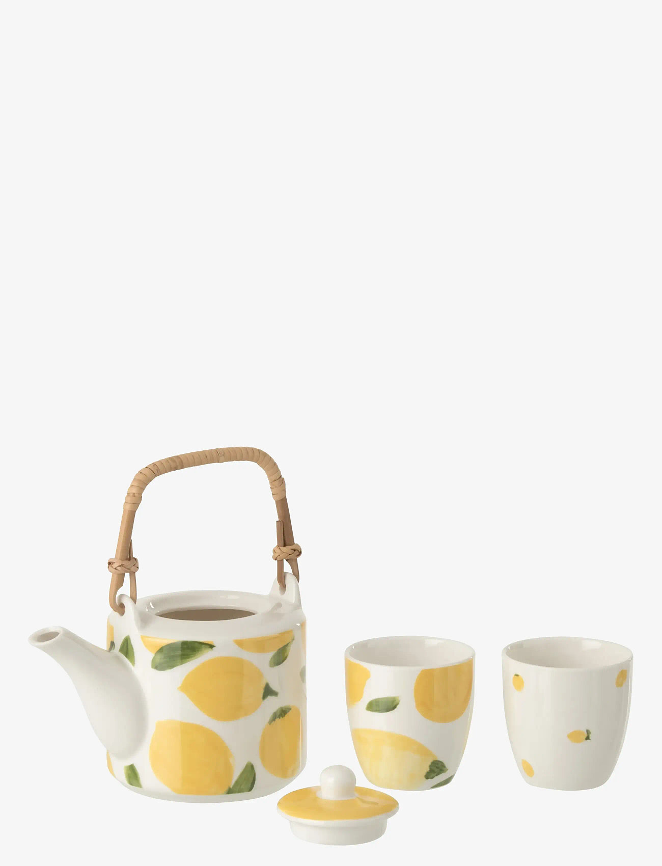 J-Line - S/3 TEAPOT+CUPS LEM CERAM WH/YELL - czajniki - white - 2