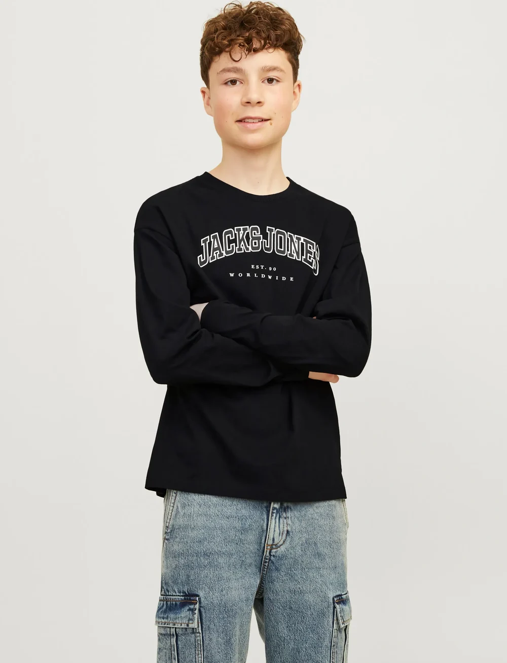 Jack & Jones - JJECALEB VARSITY TEE LS O-NECK JNR - long-sleeved t-shirts - black - 0