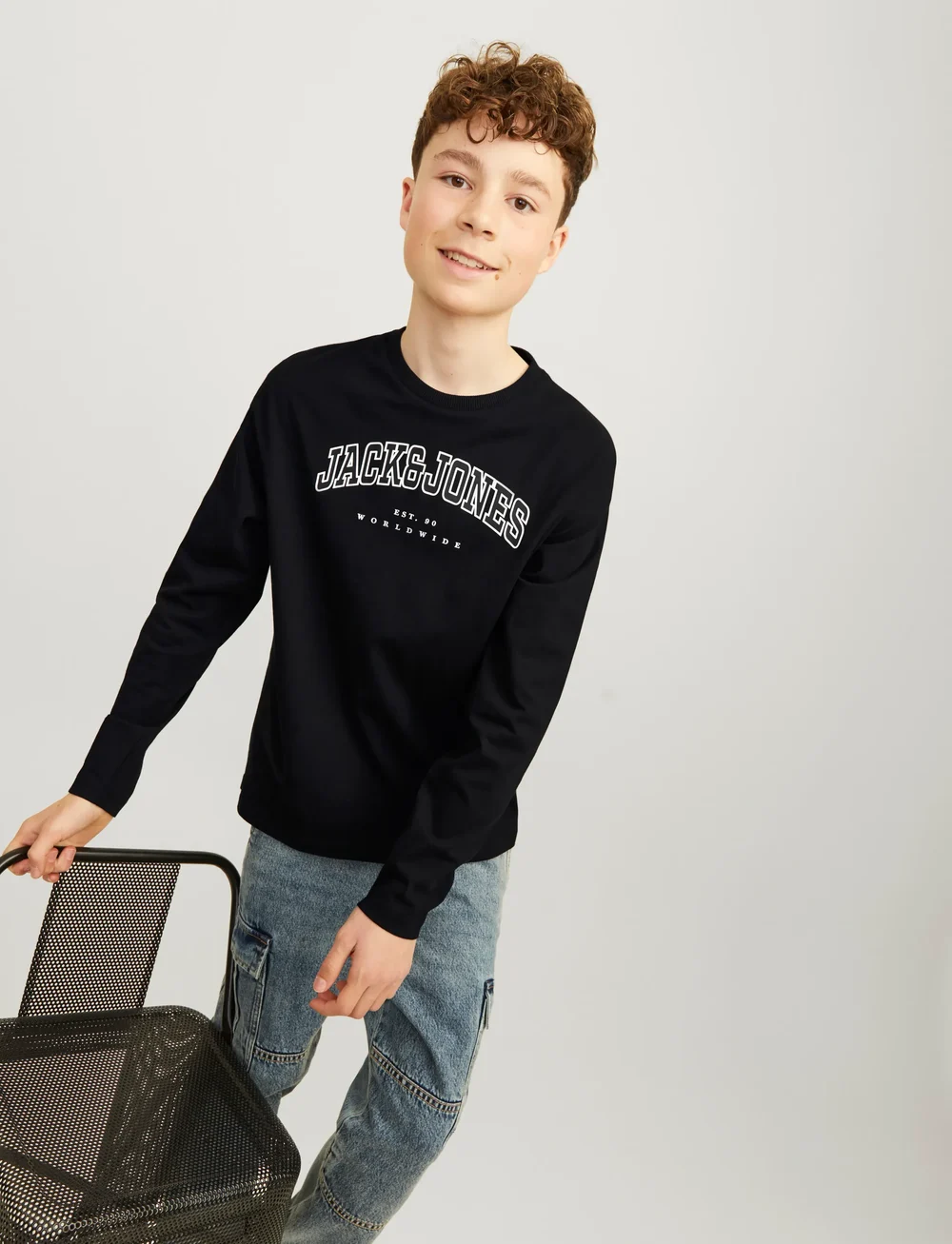 Jack & Jones - JJECALEB VARSITY TEE LS O-NECK JNR - long-sleeved t-shirts - black - 5