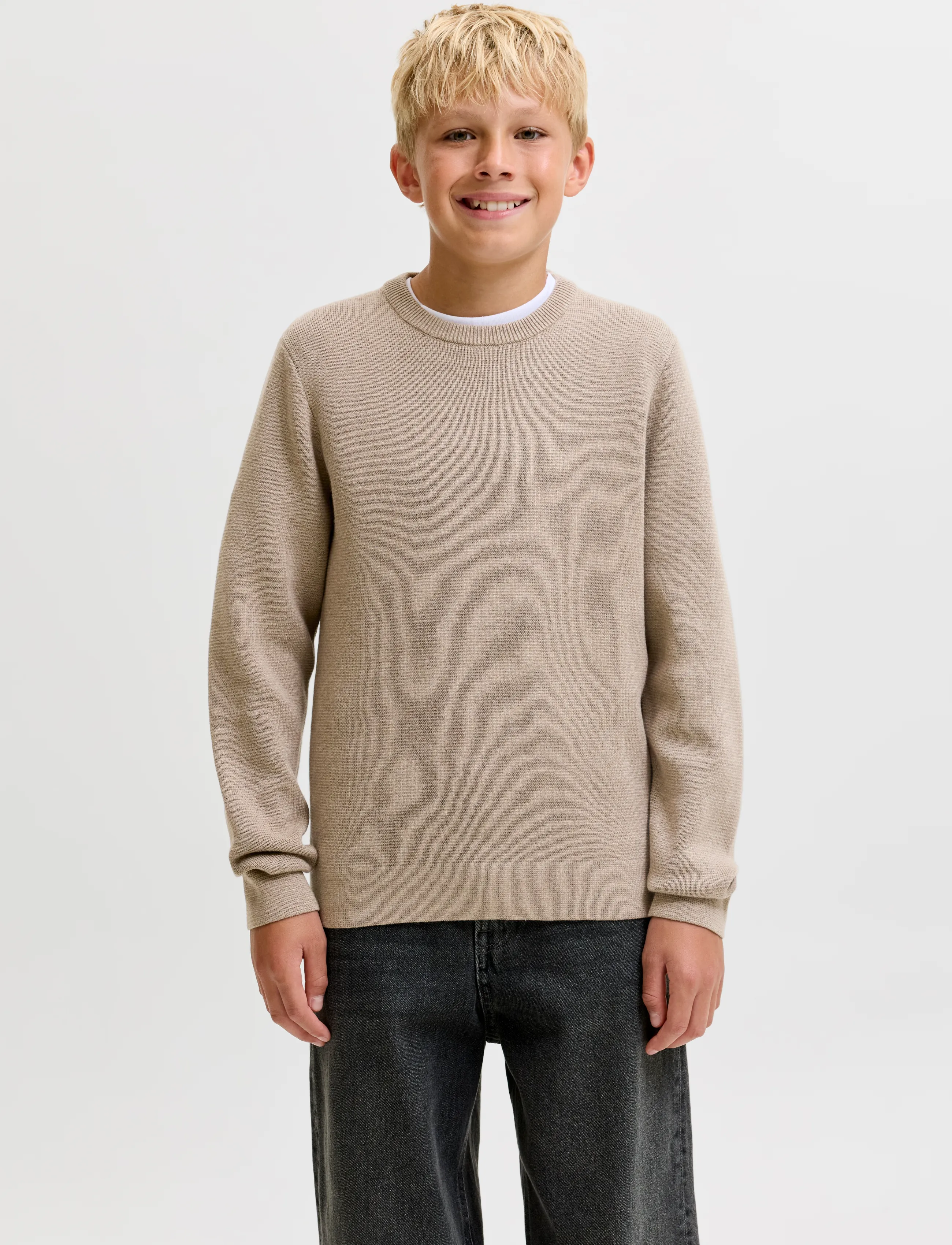 Jack & Jones Jprblamilano Stitch Knit Crew Neck Jnr, 140, T-shirts, Beige - Long-sleeved Kinder