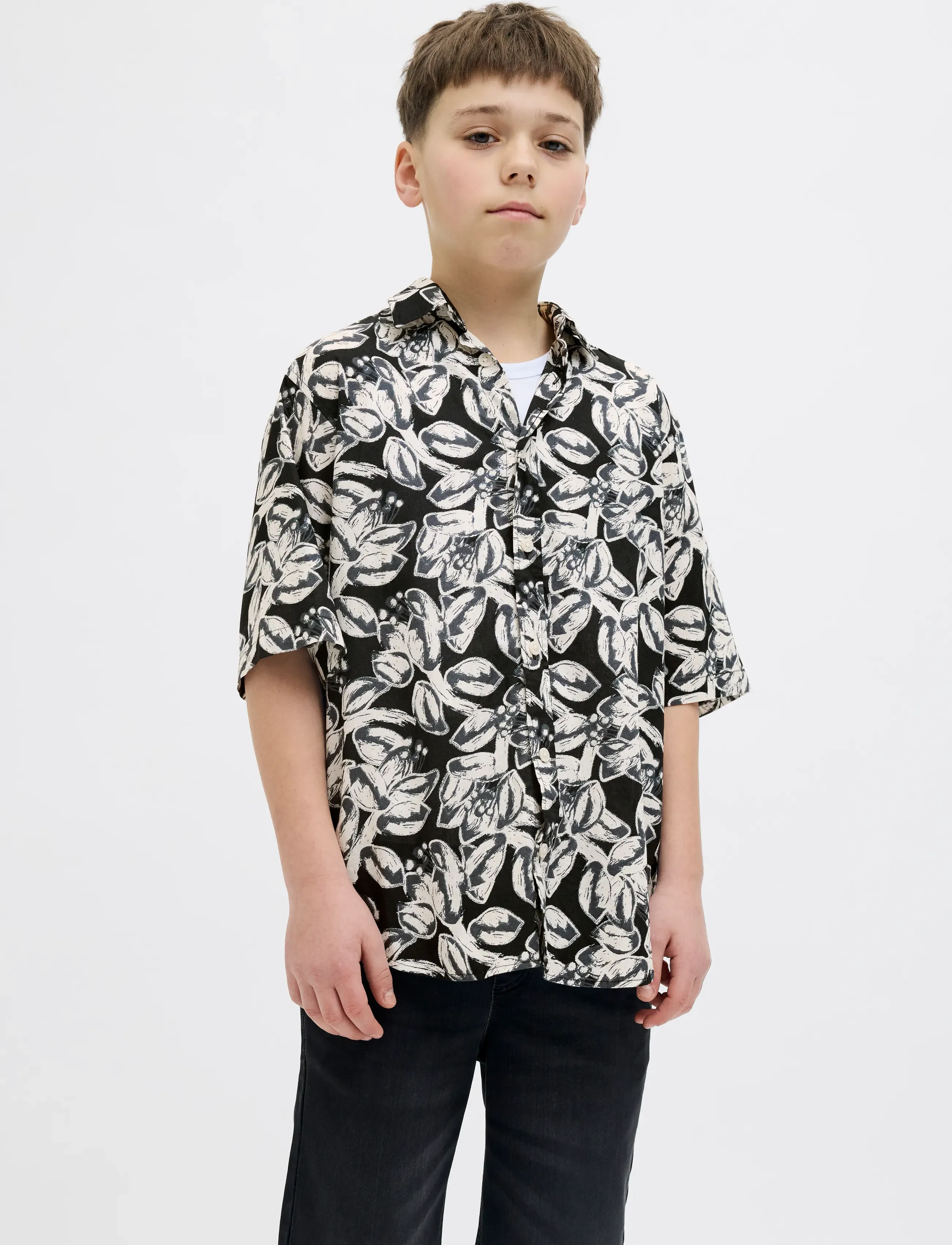 Jack & Jones Jorjoshua Split Aop Shirt Ss Jnr, 152, Shirts, Schwarz - Short-sleeved Kinder