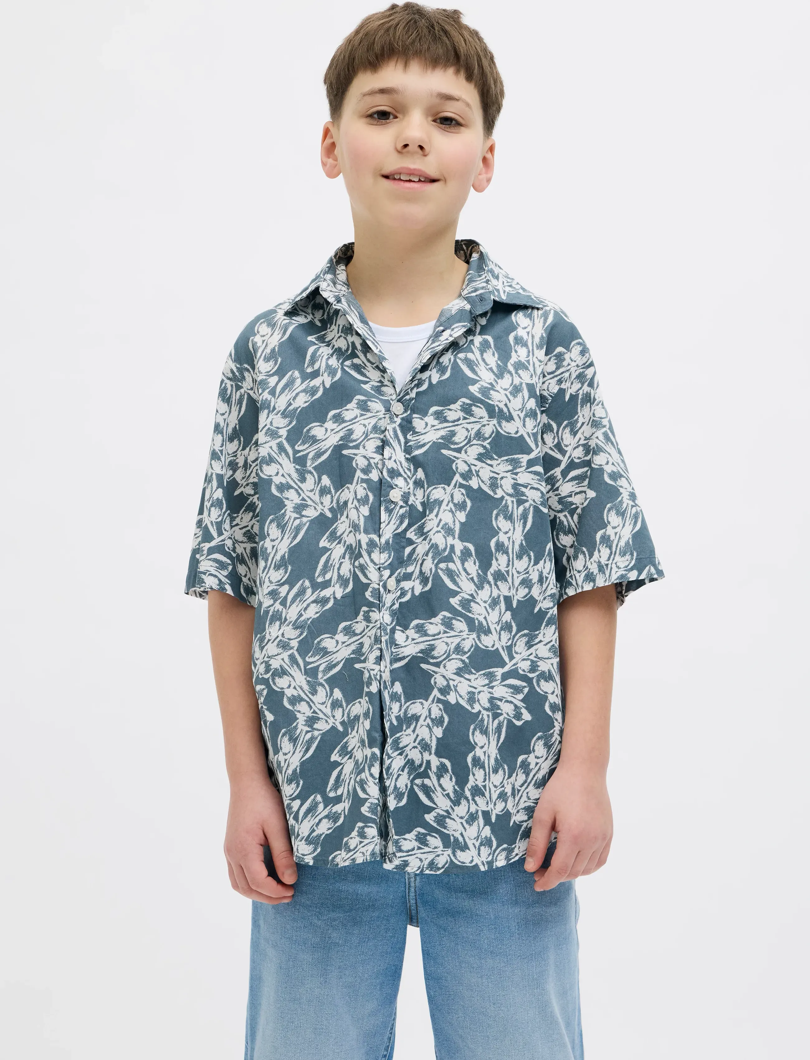 Jack & Jones Jorjoshua Split Aop Shirt Ss Jnr, 176, Shirts, Blau - Short-sleeved Kinder