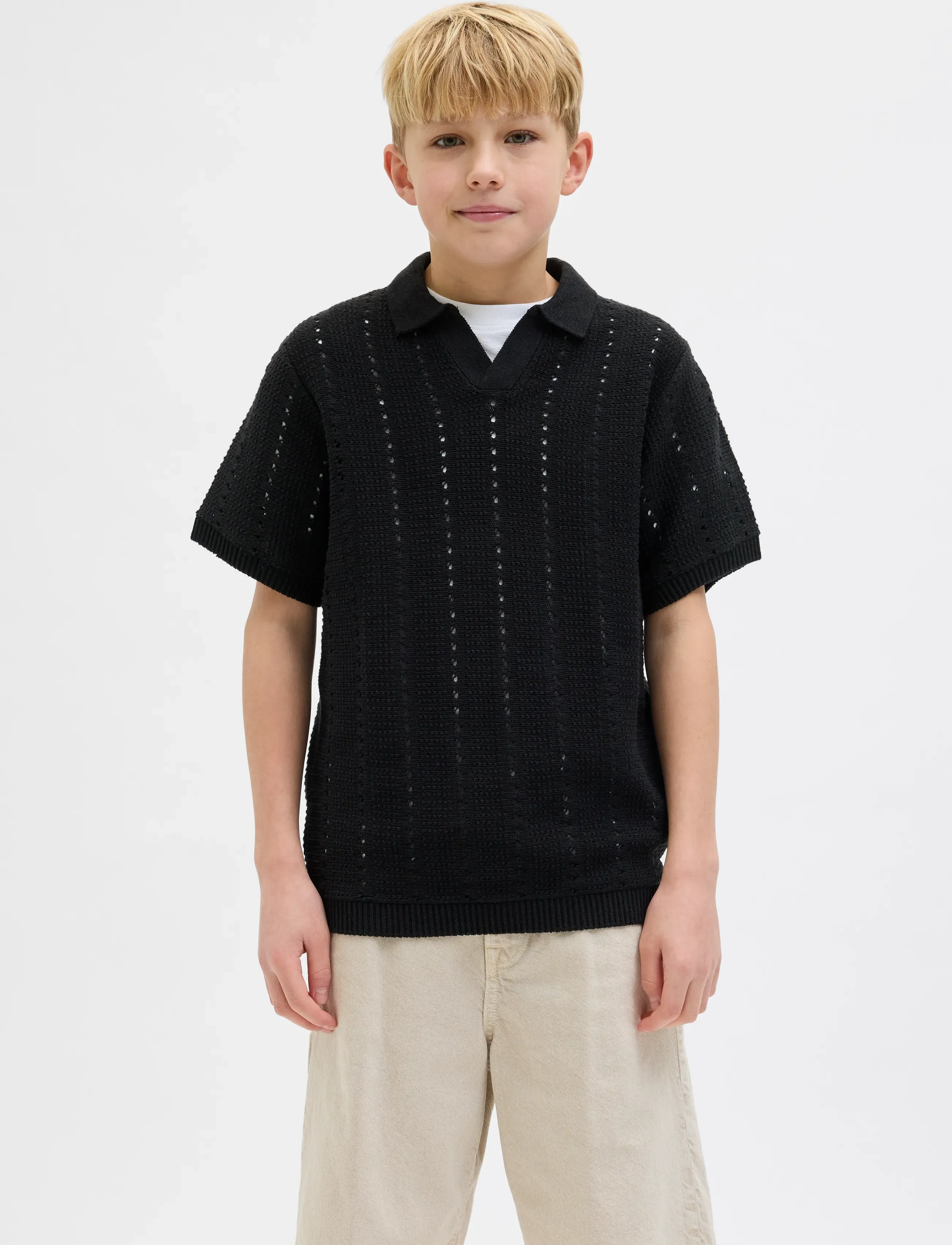 Jack & Jones Jorparos Knit Easter Ss Crochet Polo Jnr, Børn, Hæklet Poloshirt, Sort, Str: 164