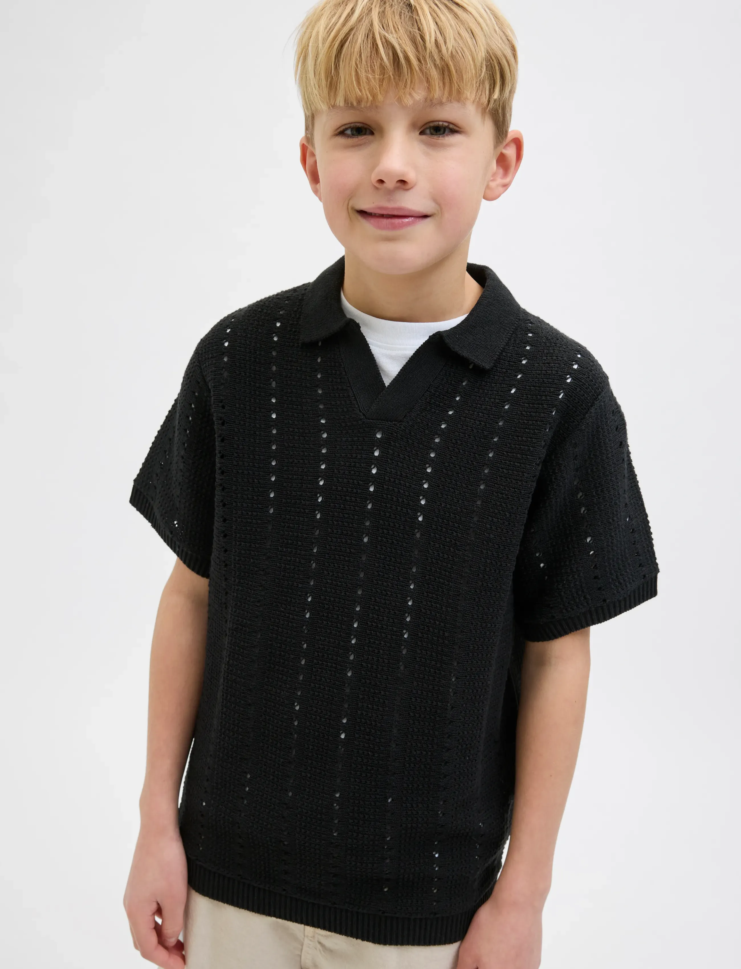 Jack & Jones - JORPAROS KNIT EASTER SS CROCHET POLO JNR - kortærmede poloer - black - 5