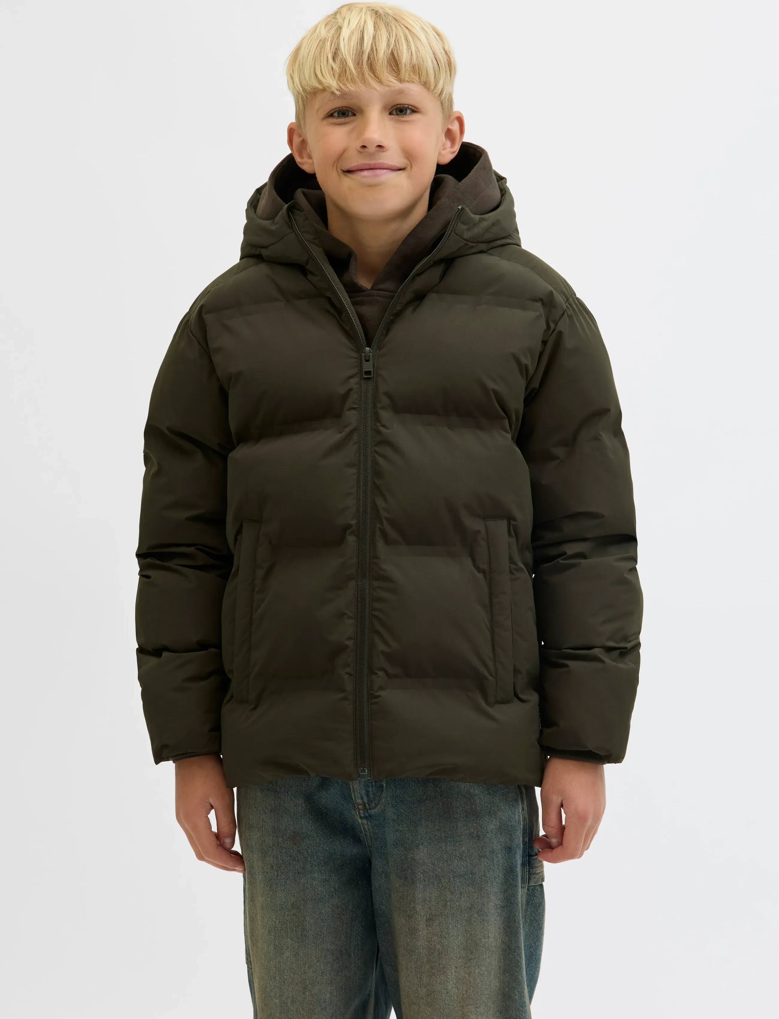 Jack & Jones Jjesoho Puffer Hood Sn Jnr, 128, Khaki green, Jakker Og Frakker > Puffer Og Vatterede, Børn
