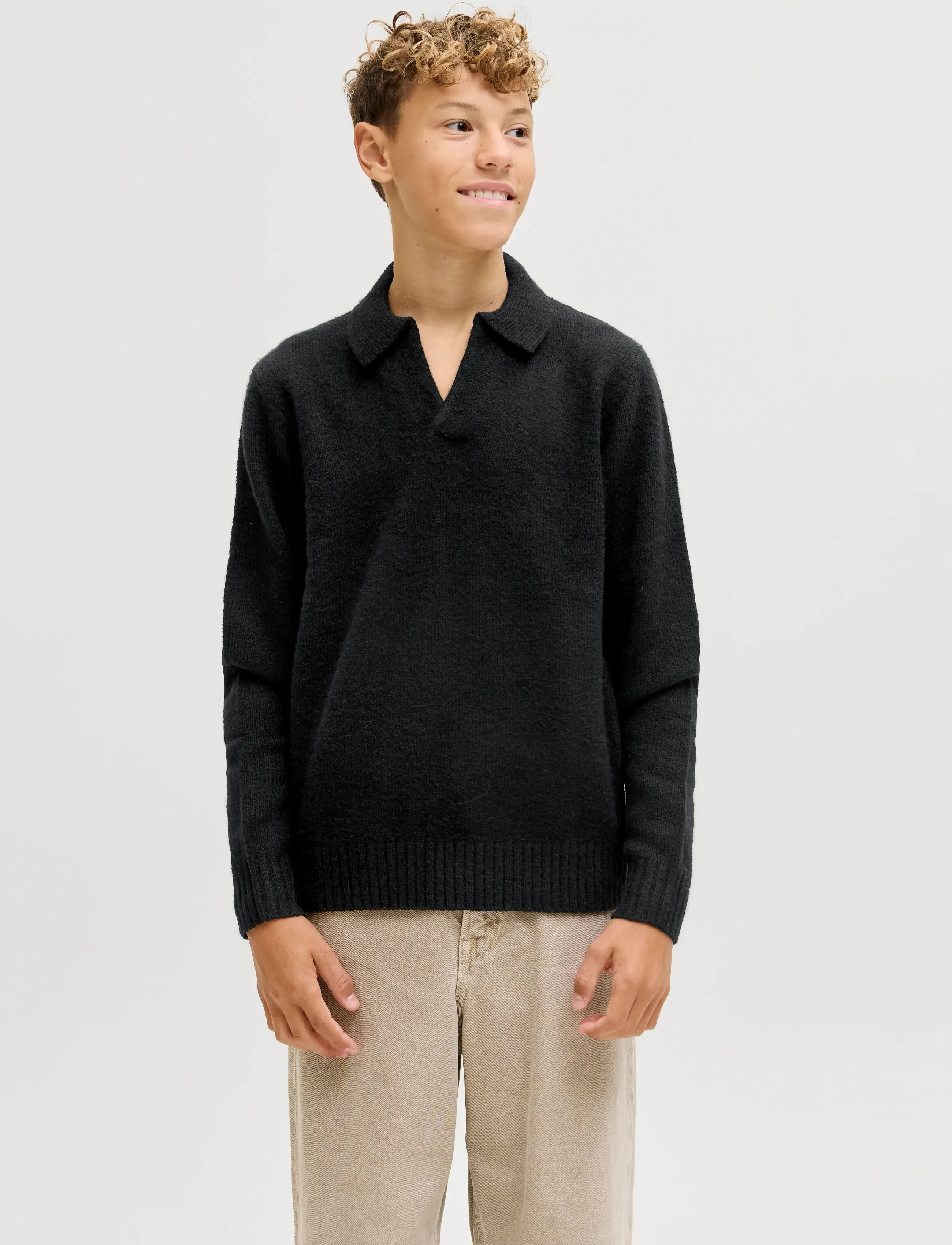 Jack & Jones Jjsoho Ollie Knit Split Neck Jnr, Børn, Strikket Polo Med Slids, Sort, Str: 140