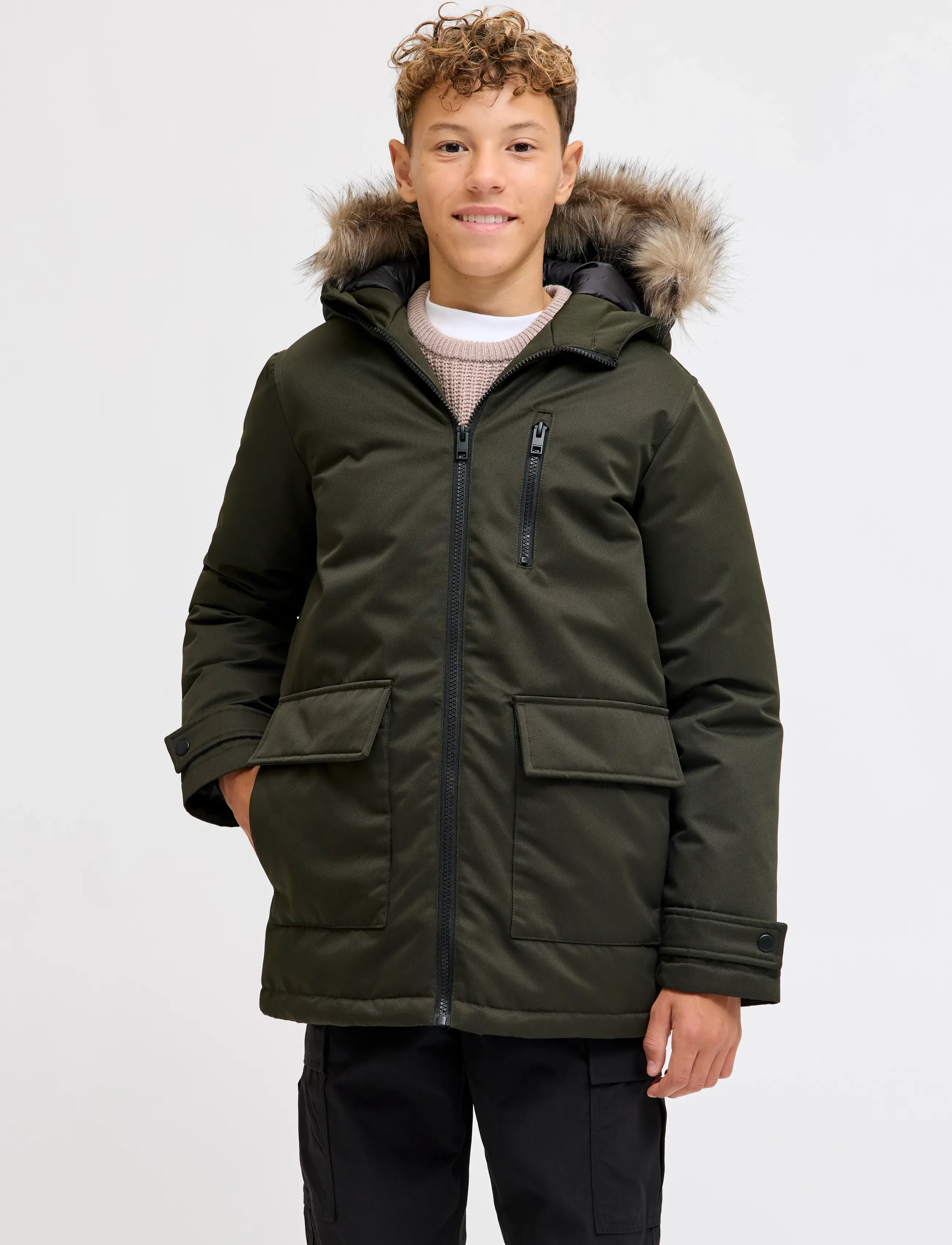 Jack & Jones Jjcharlie Detachable Faux Fur Park Jnr, 152, Jackets Coats, Grün - Parka Jackets, Kinder
