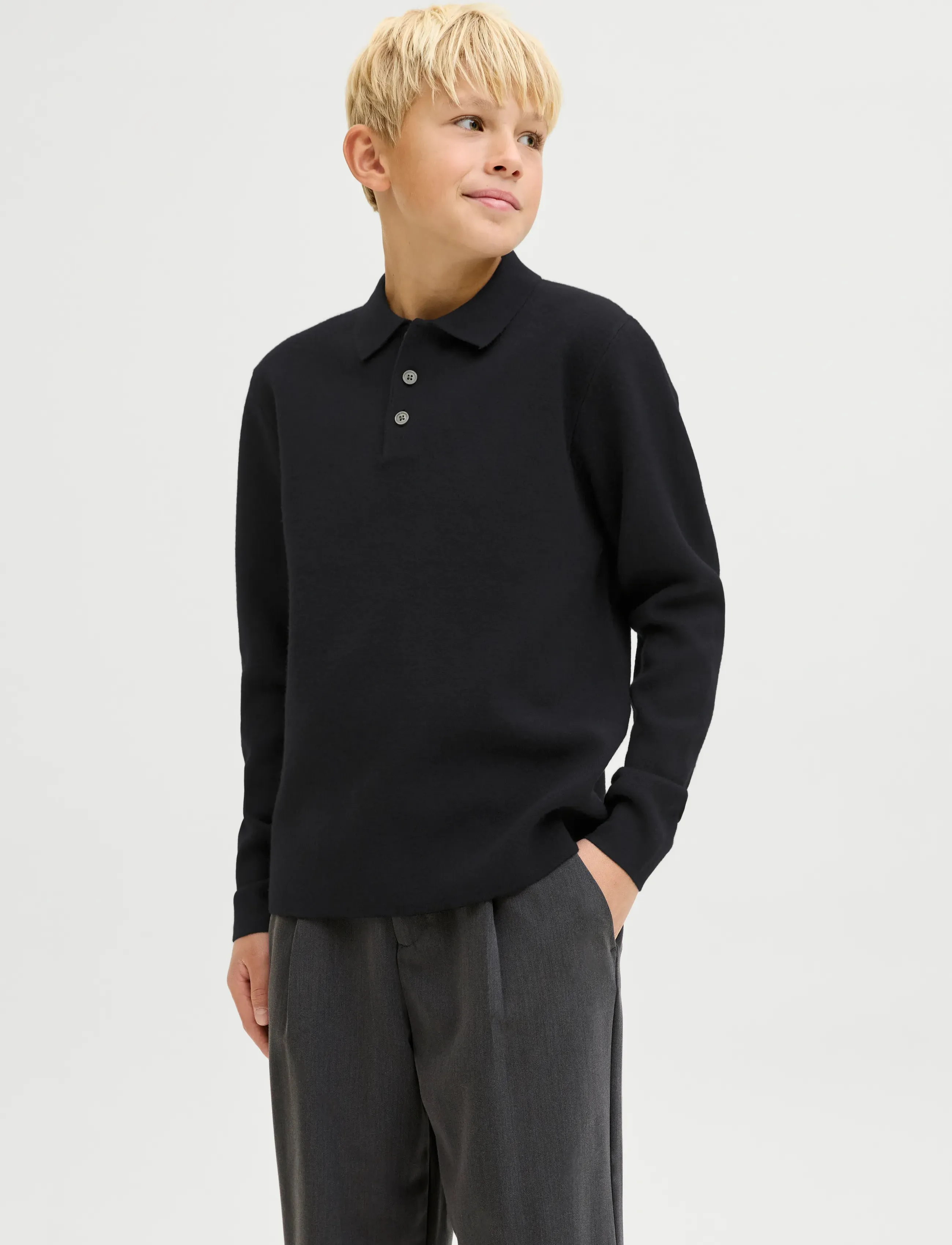 Jack & Jones Jprblabradfort Knit Polo Ln Jnr, 152, Black, Polo Skjorter > Langærmede Polo Shirts, Børn