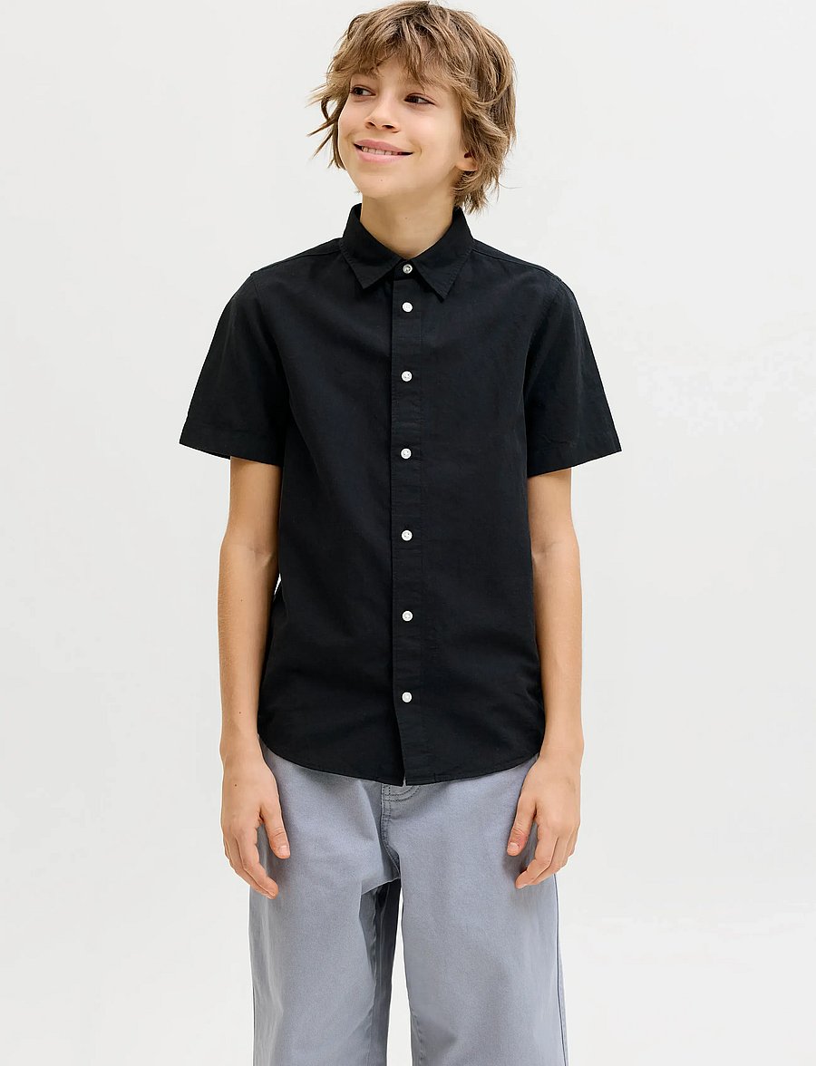 Jack & Jones - JJEBREEZE LINEN BLEND SHIRT S/S SN JNR - kortärmade skjortor - black - 0