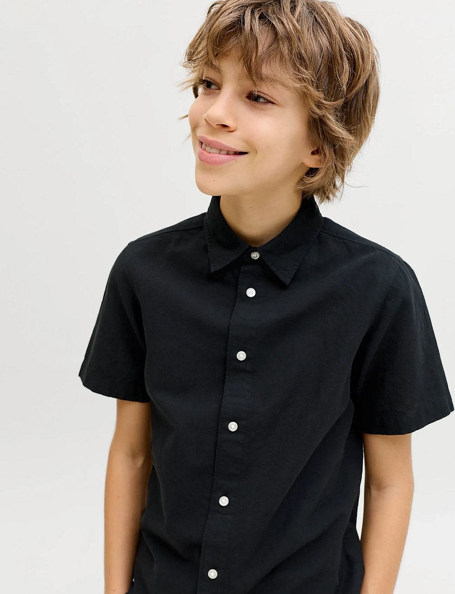 Jack & Jones - JJEBREEZE LINEN BLEND SHIRT S/S SN JNR - kortärmade skjortor - black - 5