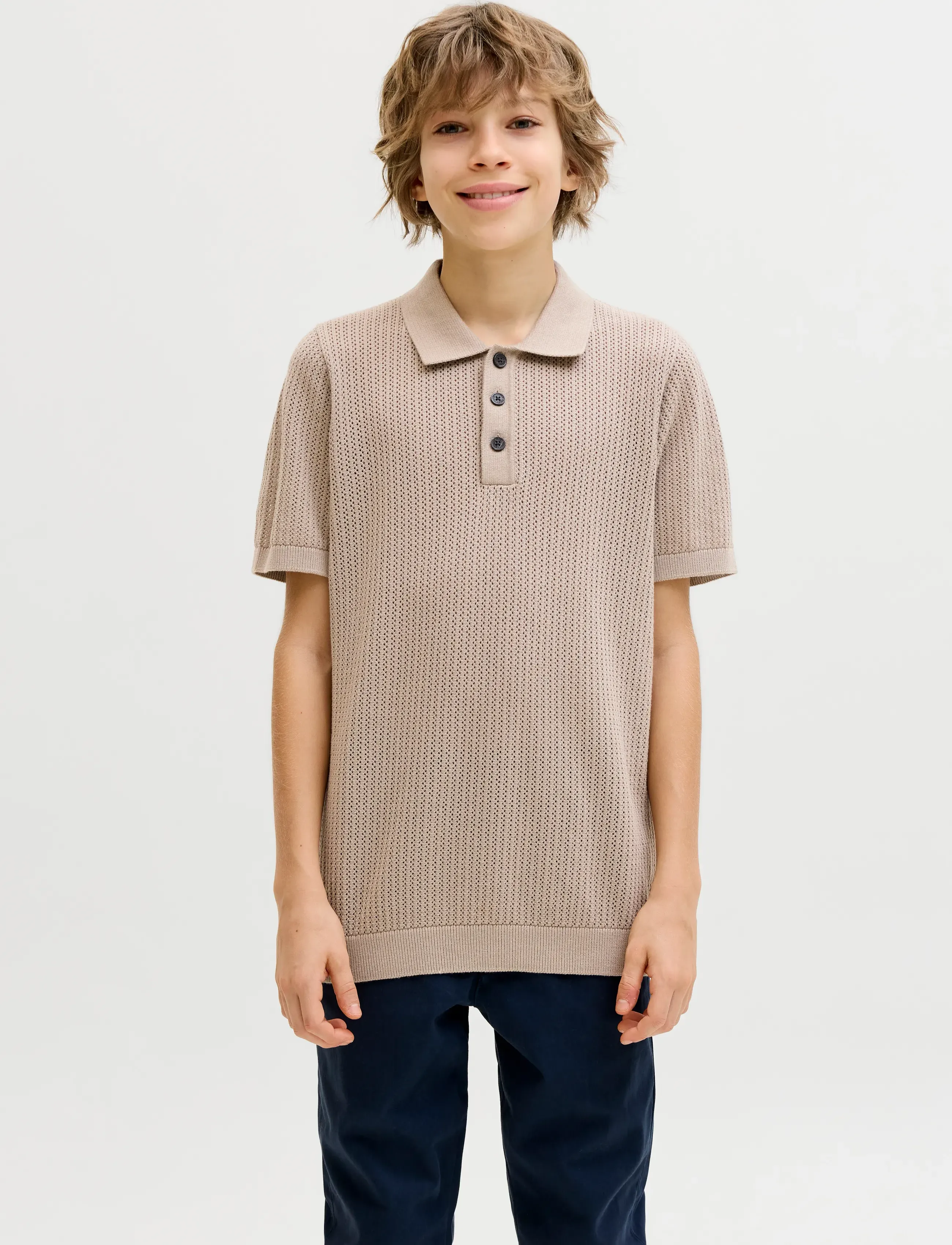 Jack & Jones JJJESS KNIT POLO SS JNR - Lyhythihaiset - STRING / beige