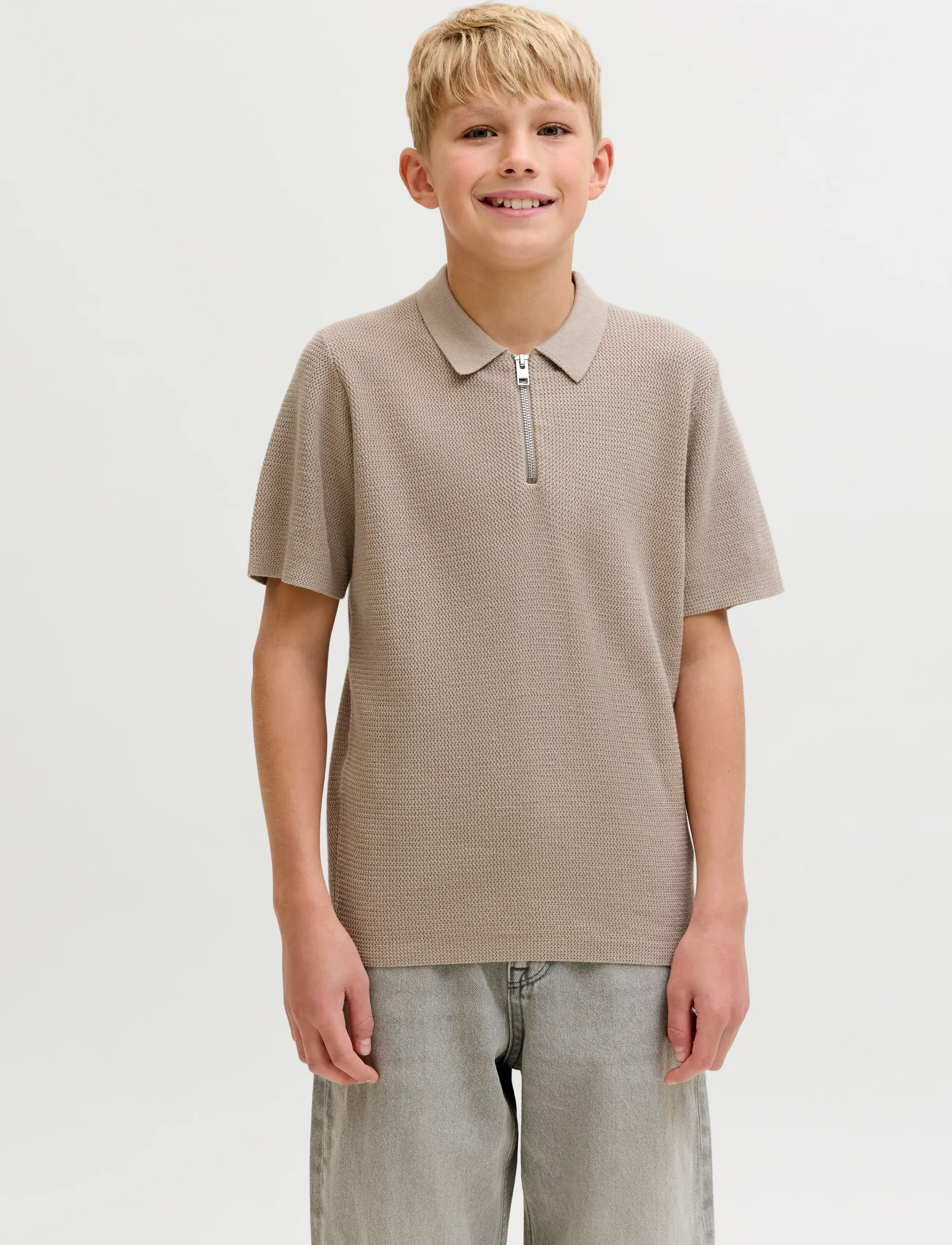 Jack & Jones JJMAX KNIT ZIP POLO SS JNR - Strickmode - STRING / beige