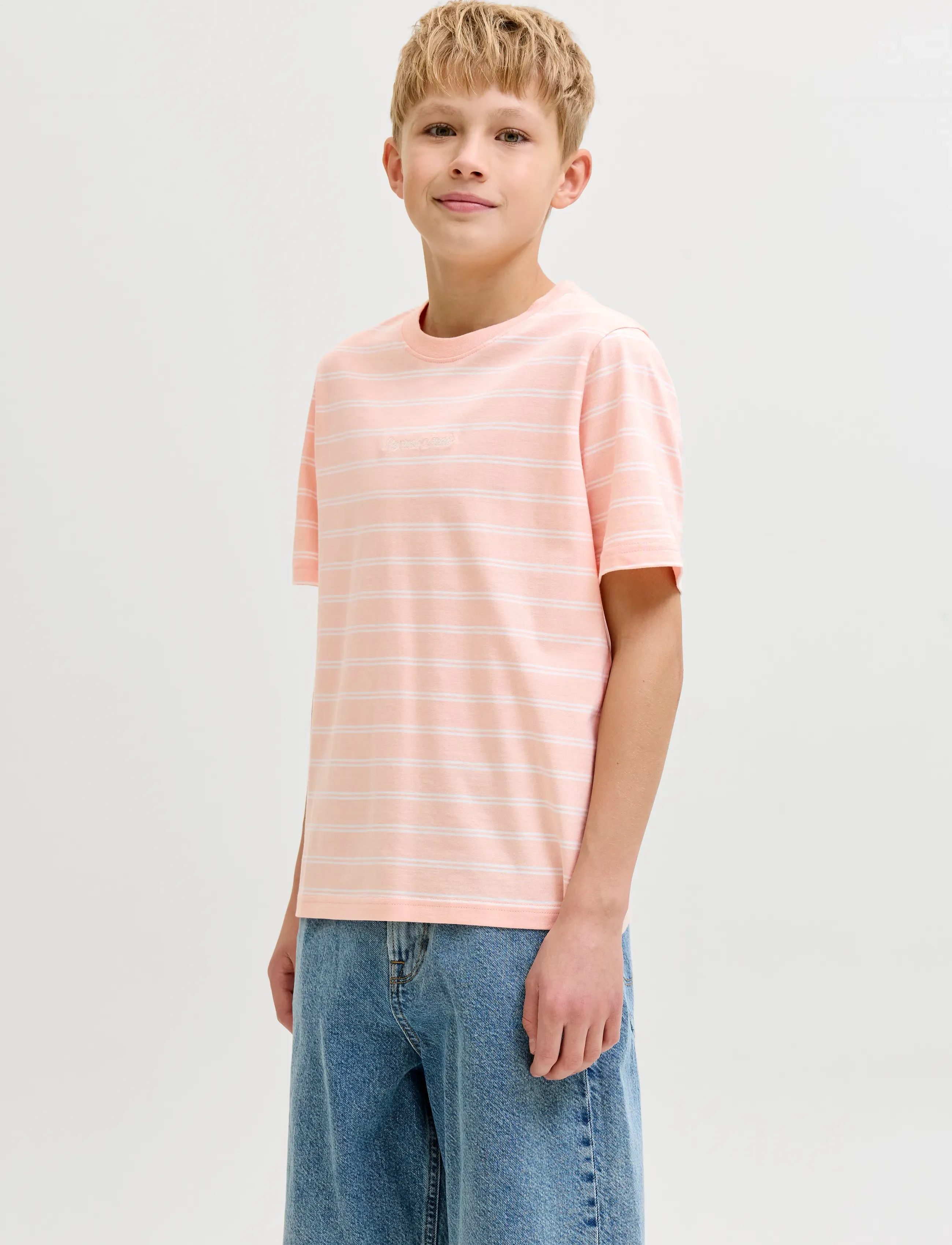 Jack & Jones JORNORREBRO STRIPE TEE SS CN JNR - Kurzärmelige - PEACH MELBA / white