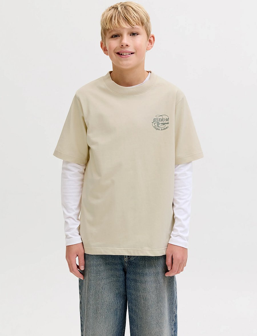 Jack & Jones - JORNIAGARA TYPO TEE SS CREW NECK JNR - kortærmede t-shirts - antique white - 0
