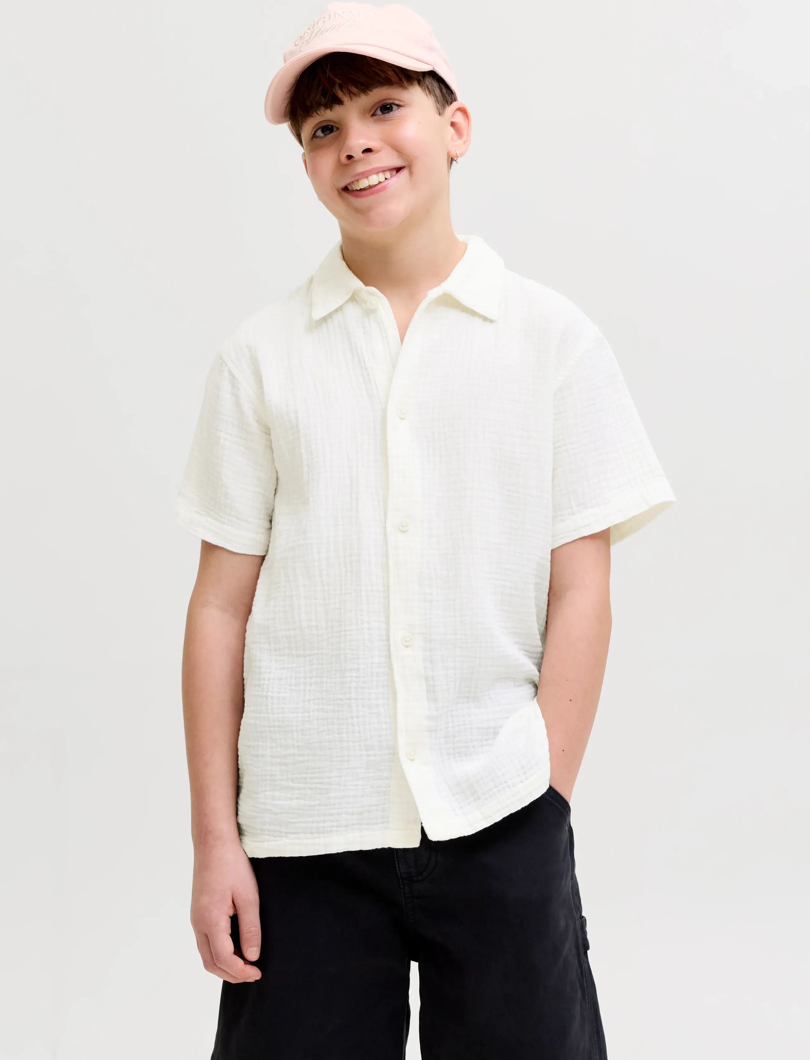 Jack & Jones Jornantucket Double Cloth Shirt Ss Jnr, 176, White, Skjorter > Kortærmede Shirts, Børn