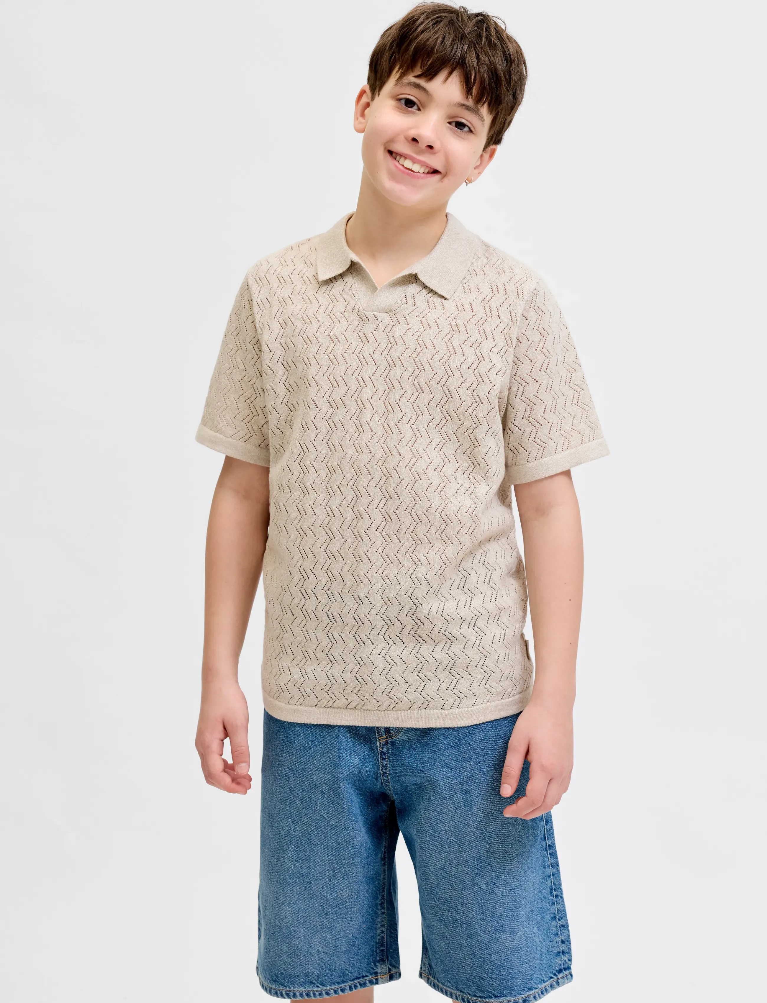Jack & Jones Jortyler Knit Ss Split Neck Polo Sn Jnr, Børn, Strikket Split Hals Poloshirt, Grå, Str: 152