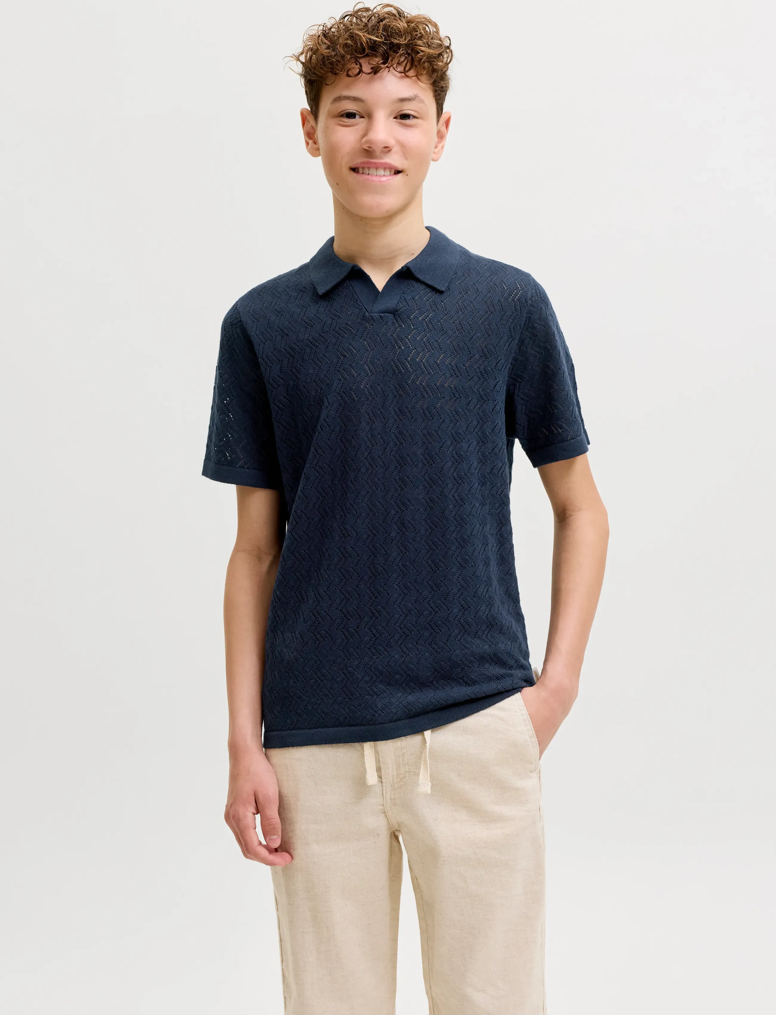 Jack & Jones Jortyler Knit Ss Split Neck Polo Sn Jnr, Børn, Strikket Split Hals Poloshirt, Navy, Str: 140