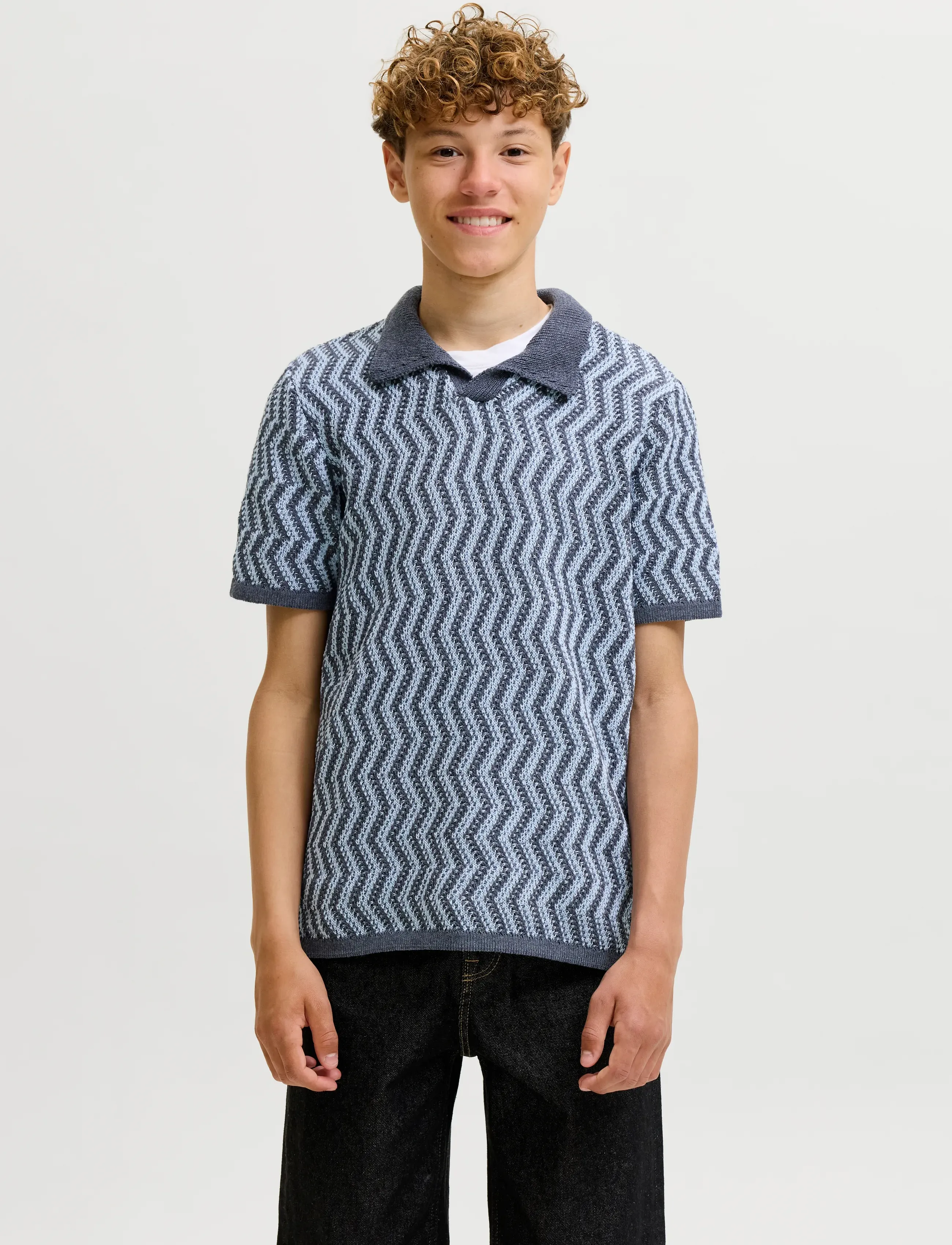 Jack & Jones Joraiden Knit Split Neck Polo Styd Jnr, 140, Multi/patterned, Poloshirts > Poloshirts Med Korte Ærmer, Børn